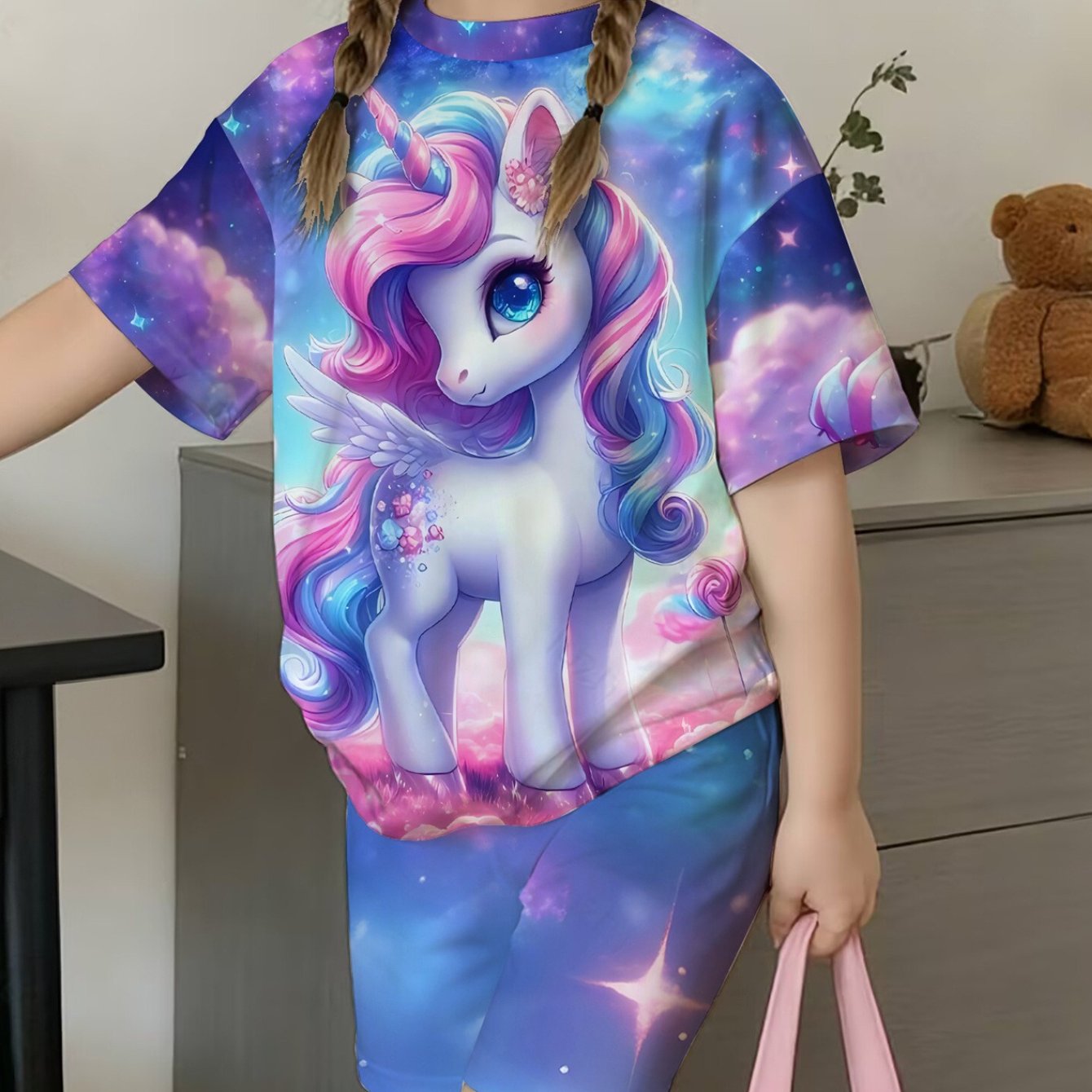 TEMU Unicorn Girl's Cute 3d Printed T-shirt And Shorts Set, Purple Unicorn, Suitable For Girls, Spring/summer Fashion Casual Princess Outfit,