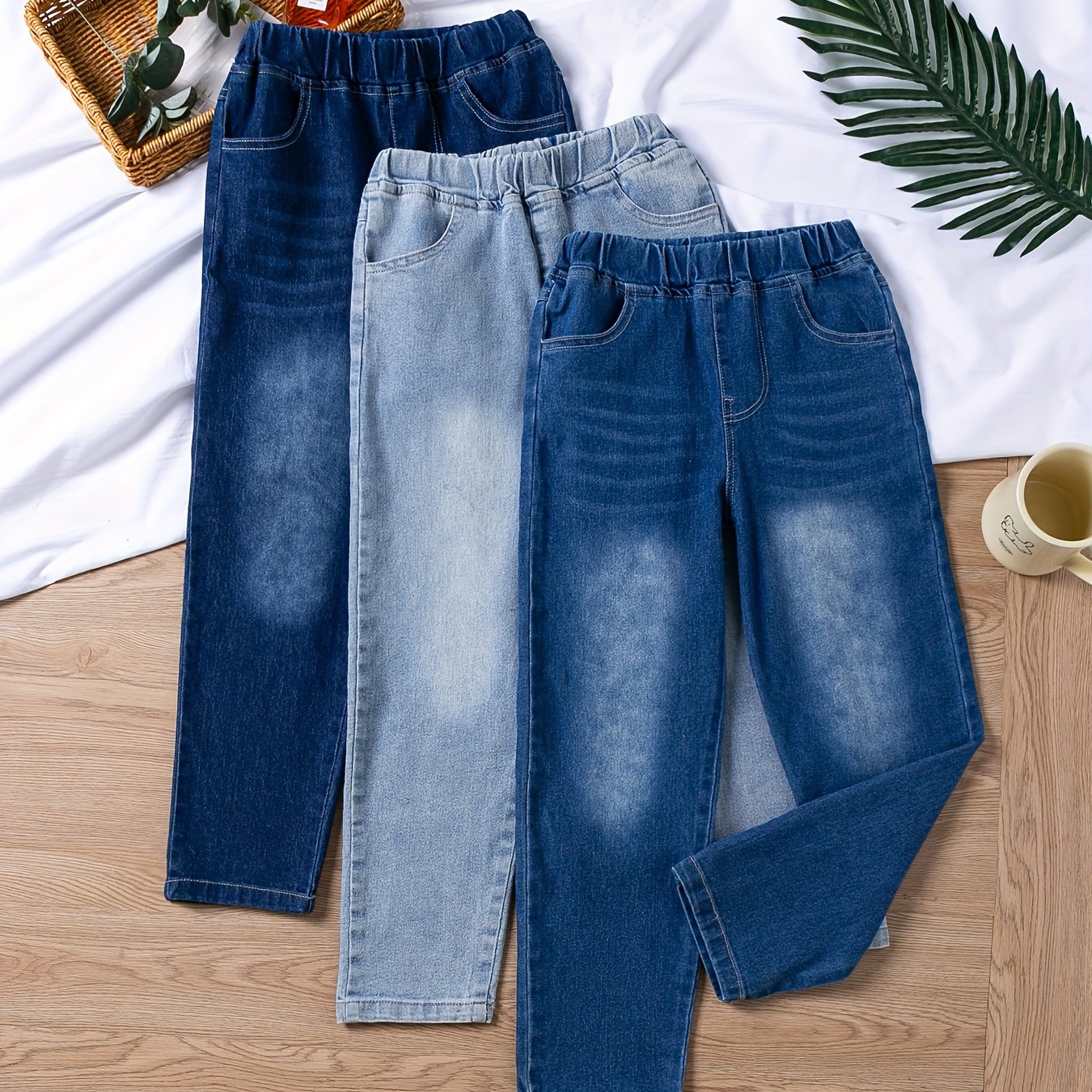 Girls' Slim Fit High Elastic Washed Denim Jeans Three-piece Set Casual