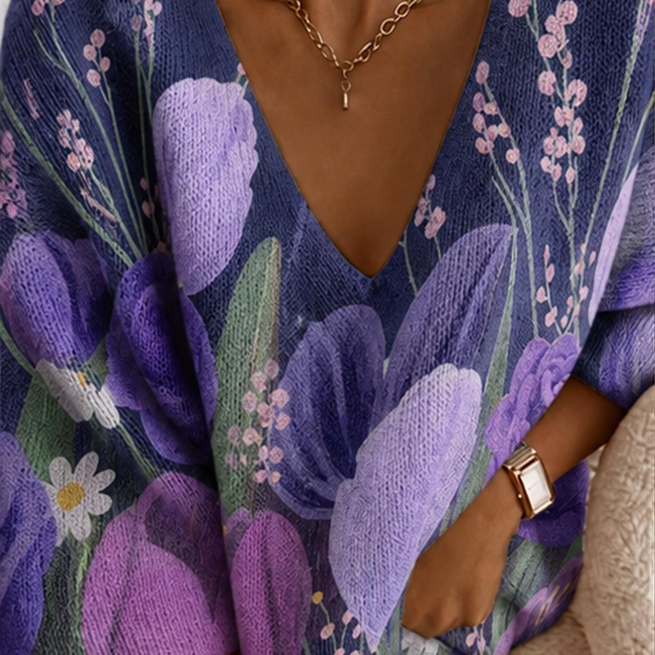 TEMU Pull grande taille à manches longues et col en V, pull violet à col en V et motif floral pour femme, vêtement décontracté de printemps, pull ,
