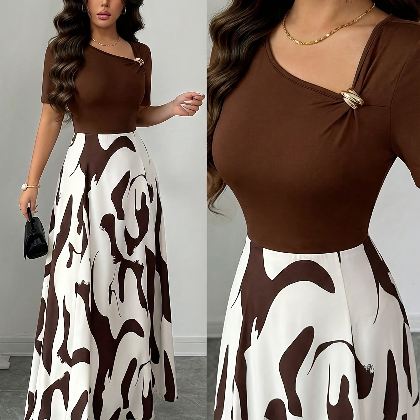 TEMU Women's Asymmetrical Collar A-line Long Skirt With An Abstract Black And White Pattern And Metal Embellishments, Elegant And Pleasant, Suitable