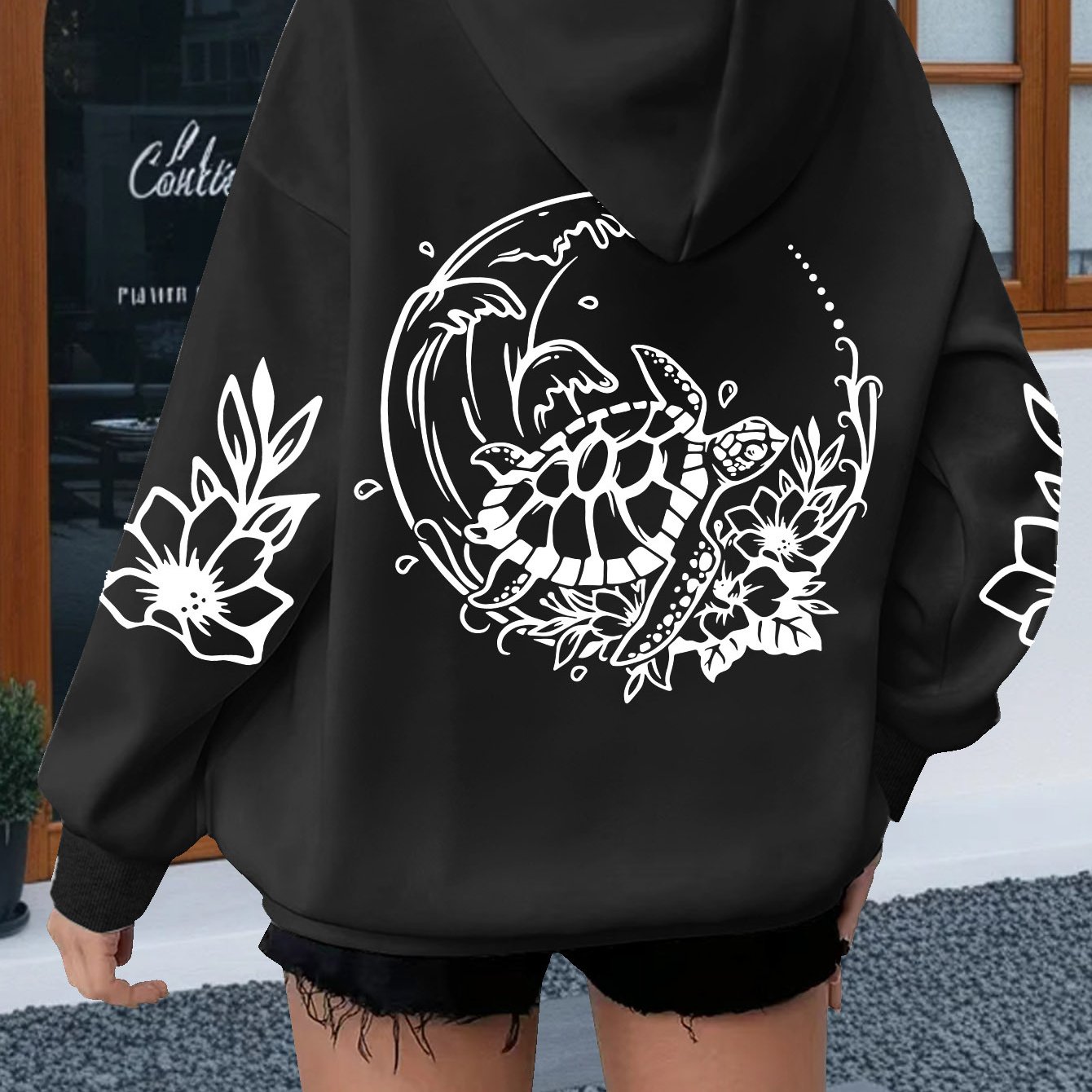 TEMU Plus Size Women's Hooded Sweatshirt, Vine Floral Turtle Print