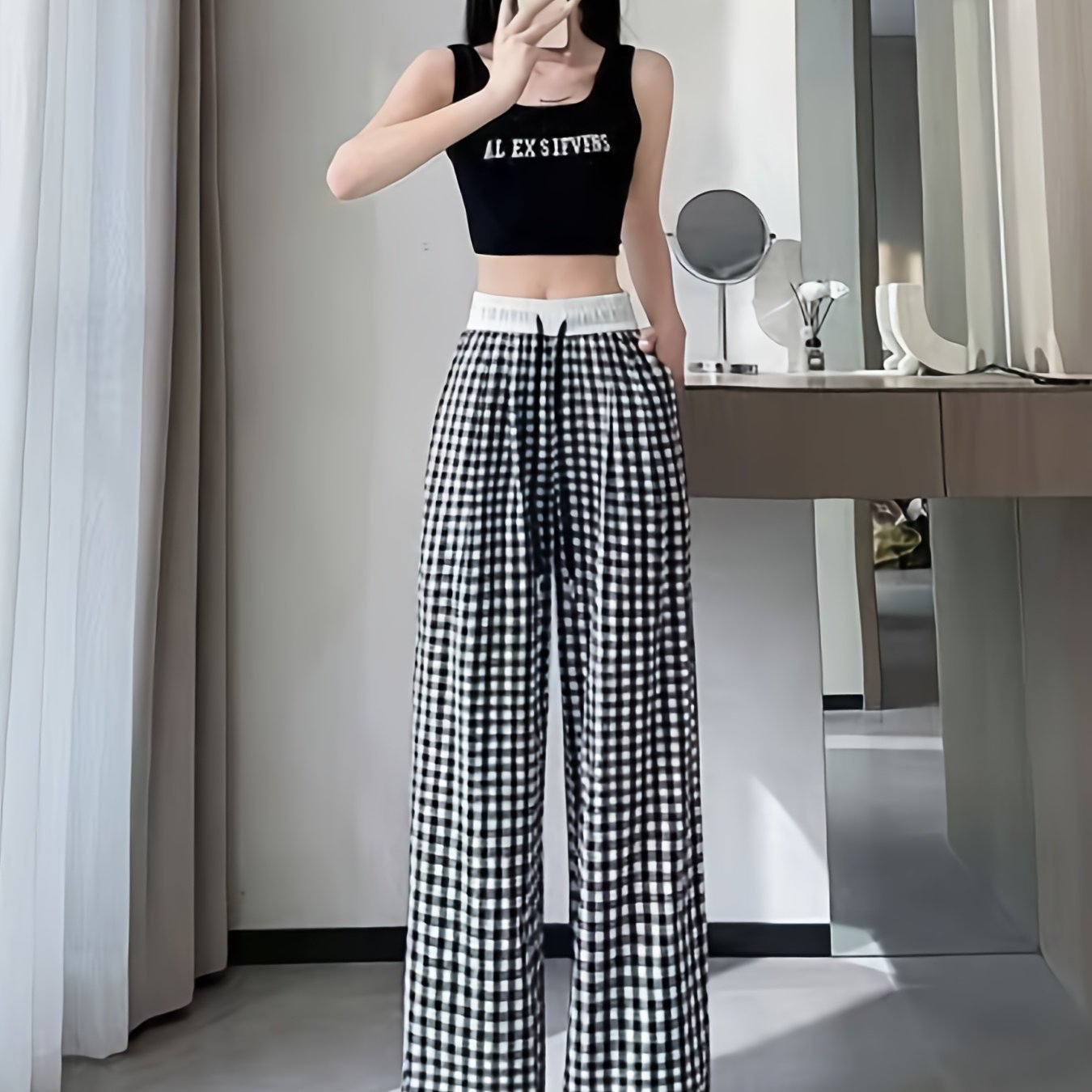 TEMU ハイウエスト チェック柄 ワイドパンツ レディース ストレートワークパンツ ストレートロング裾トランクパンツ 通勤・用 サマーパンツ ハイウエスト