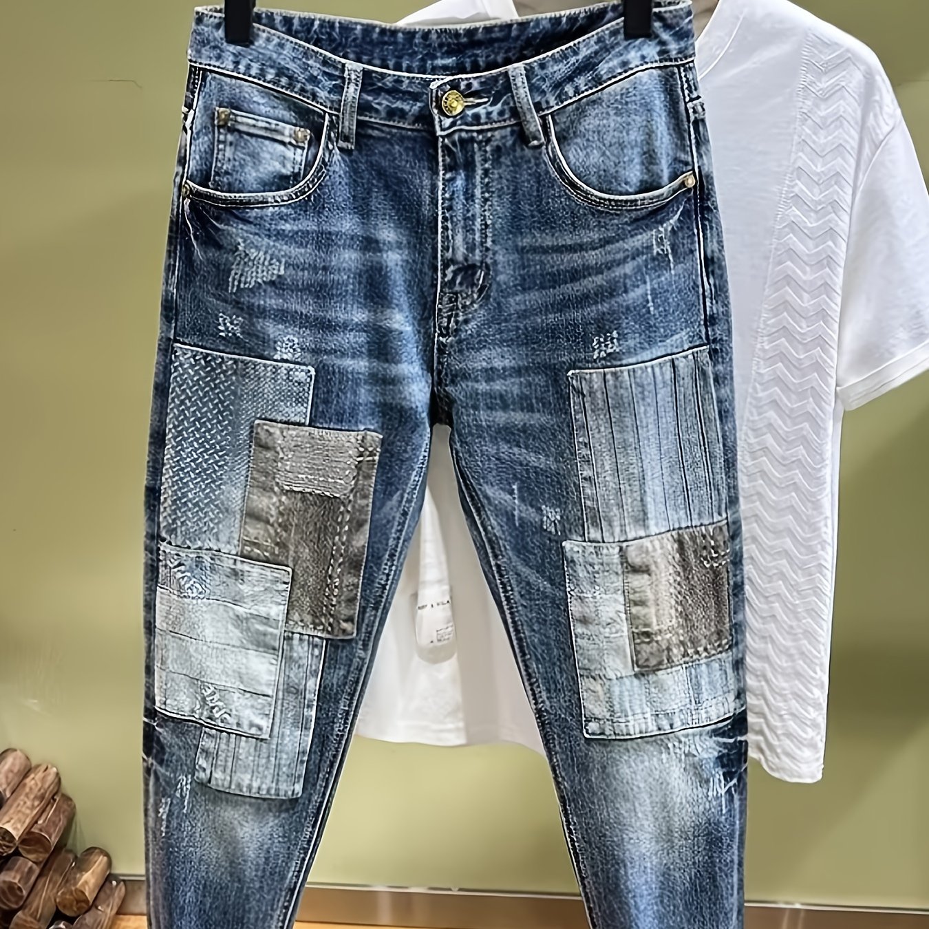 Geng Yuan Individual Patch Micro-elastic Denim Long Trousers