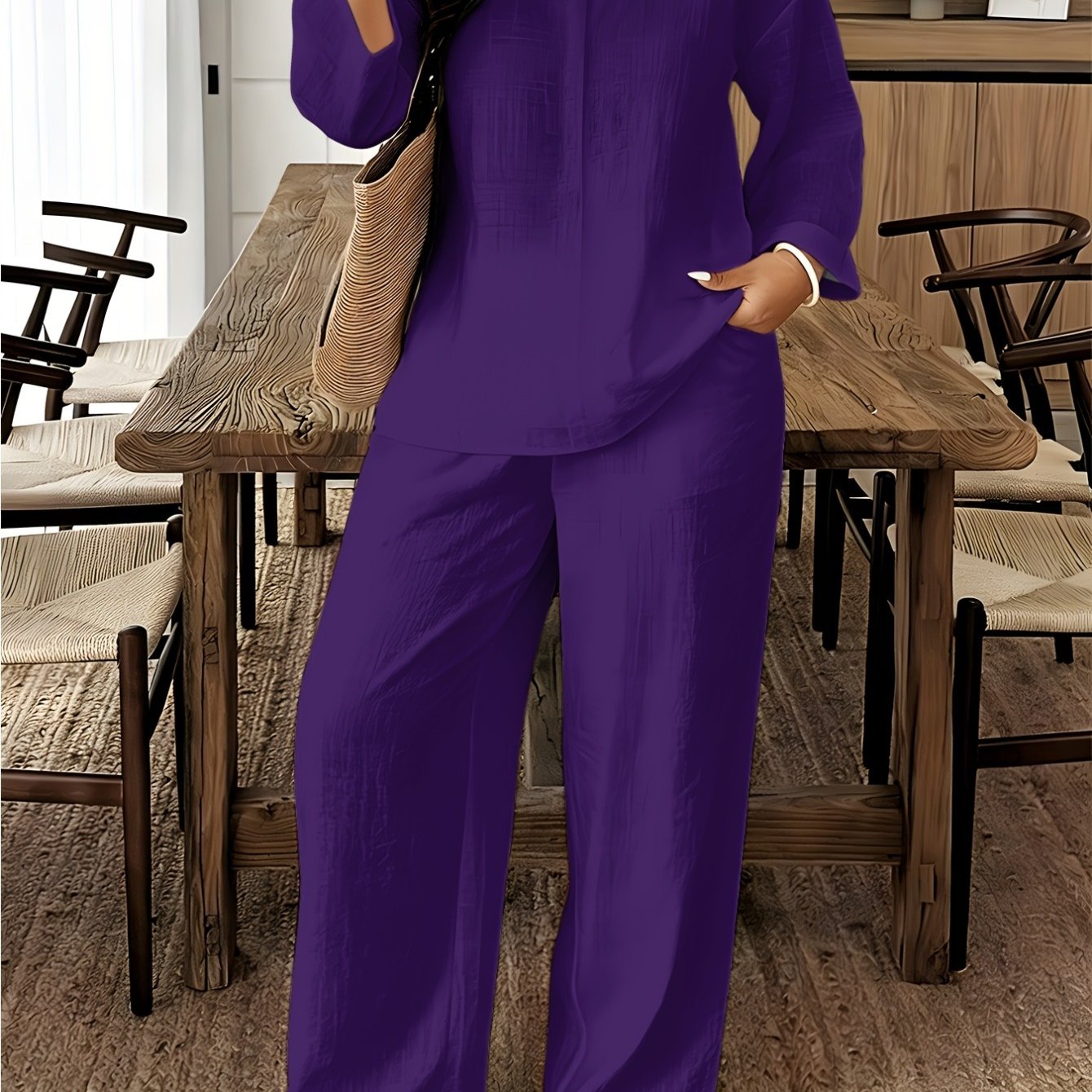 Plus Size, Purple Women's Coded Spring And Summer Wide-leg Pants 2pcs Set V-neck Notched Long-sleeved Top For Casual Vacation Casual Attire 2d Flat Pattern Printed With Advanced Printing, 2d Flat