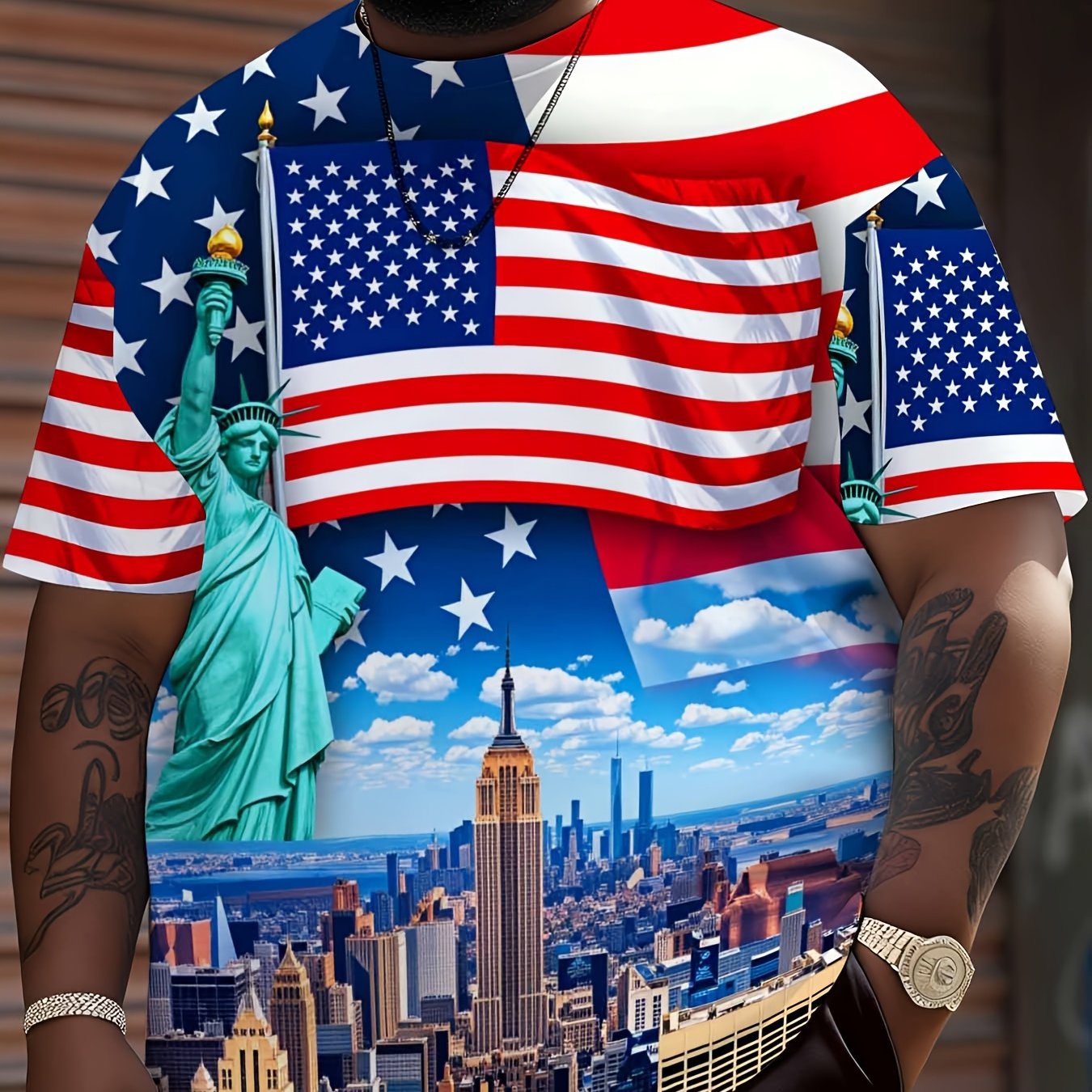 TEMU Casual Men's T-shirt With Patriotic Design, Featuring Statue Of And City , Ideal For Summer Wear, Plus Size