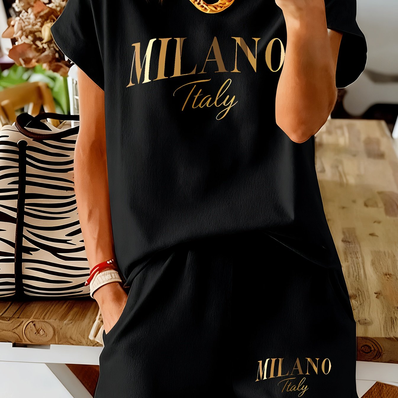 TEMU Letter Women's Hot Foil Short Sleeve Short Shorts Casual 2pcs Outfit Comfortable Women's Fashion - Soft Breathable, Machine Washable Daily ,