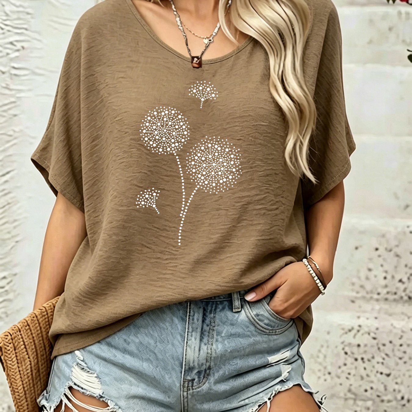 TEMU European American Easy Bohemian Style Vintage Floral Casual Round Neck Short Sleeve Shirt, 1pc Women's Shirt, Vintage Women's Wear, Women's