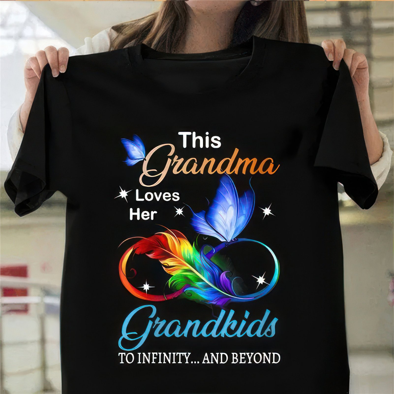 TEMU Women's "this Grandma Her Grandkids & " T-shirt - 100% Black Short Sleeve Round Neck Casual Top With Rainbow Birds & Stars Graphic, Comfortable