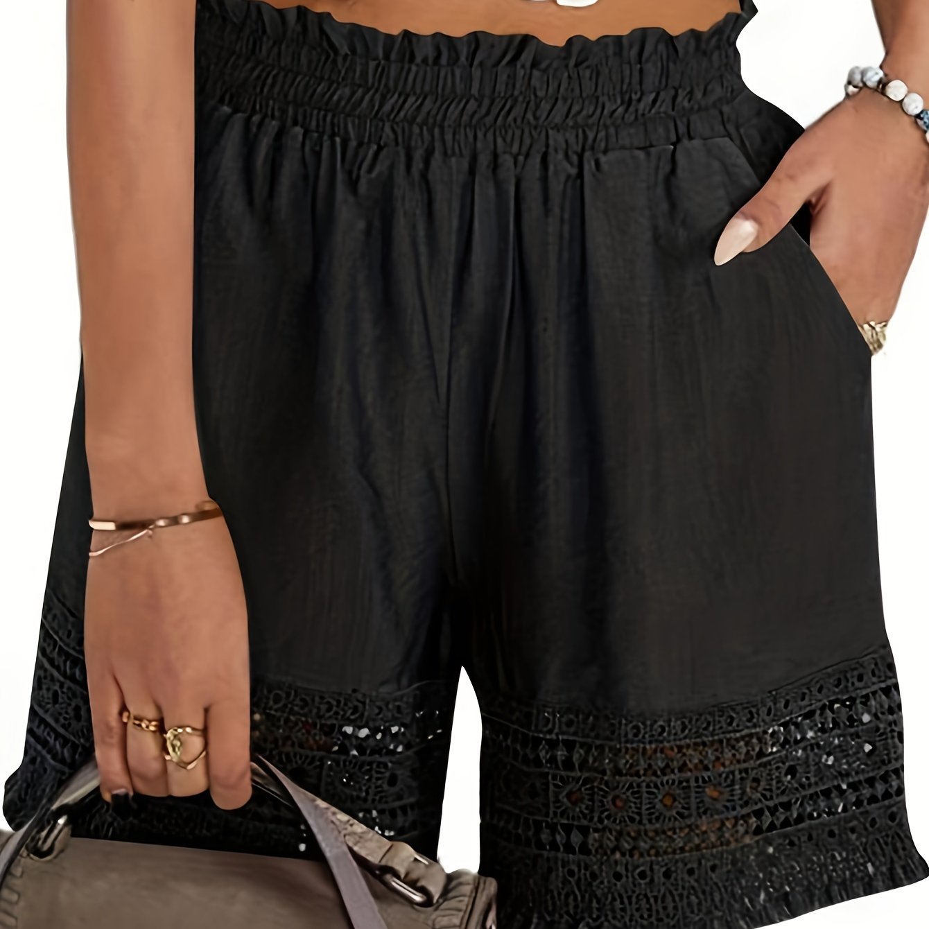 Lace Trim Slant Pocket Shorts, Casual Paper Bag Waist Shorts For Summer, Women's Clothing