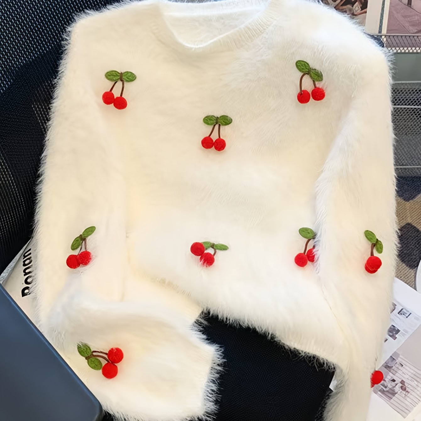 Autumn Winter New Women's Milk-like Soft Plush Sweater 3d Cherry Top Pullover Sweater Outerwear