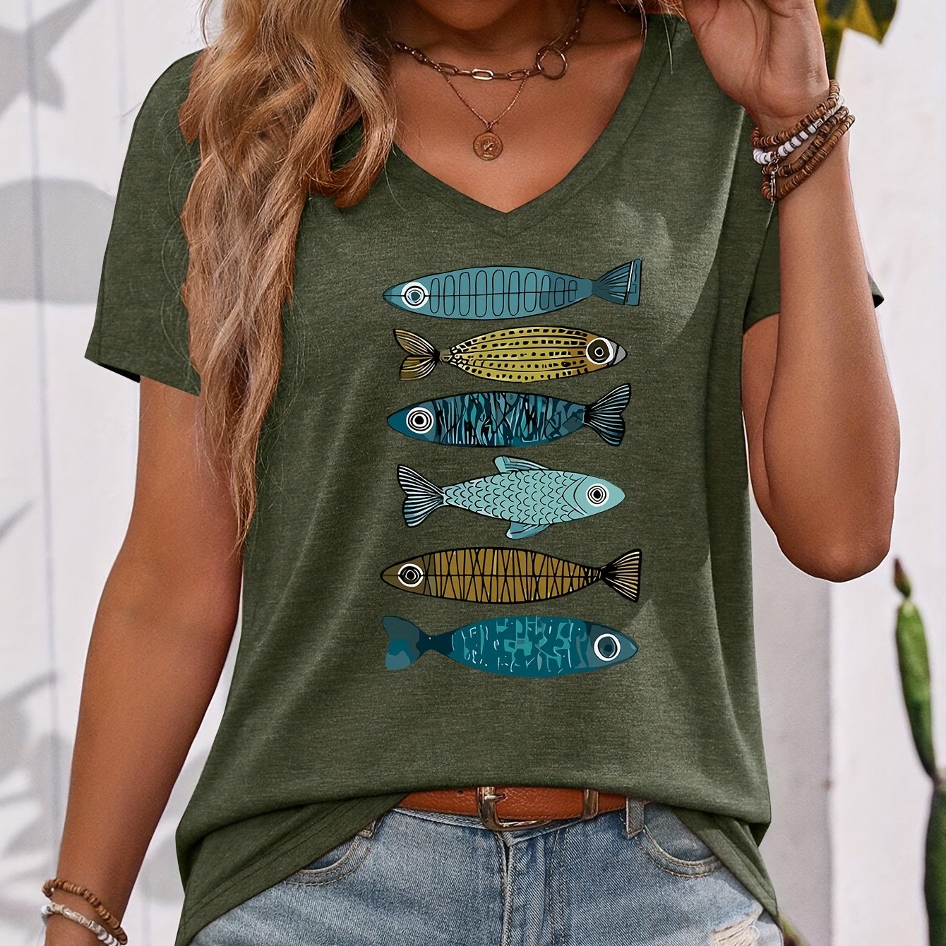 TEMU T-shirt à col en V et manches courtes avec motif poisson - Blouse décontractée et polyvalente, ajustement élastique moyen, haut lavable en