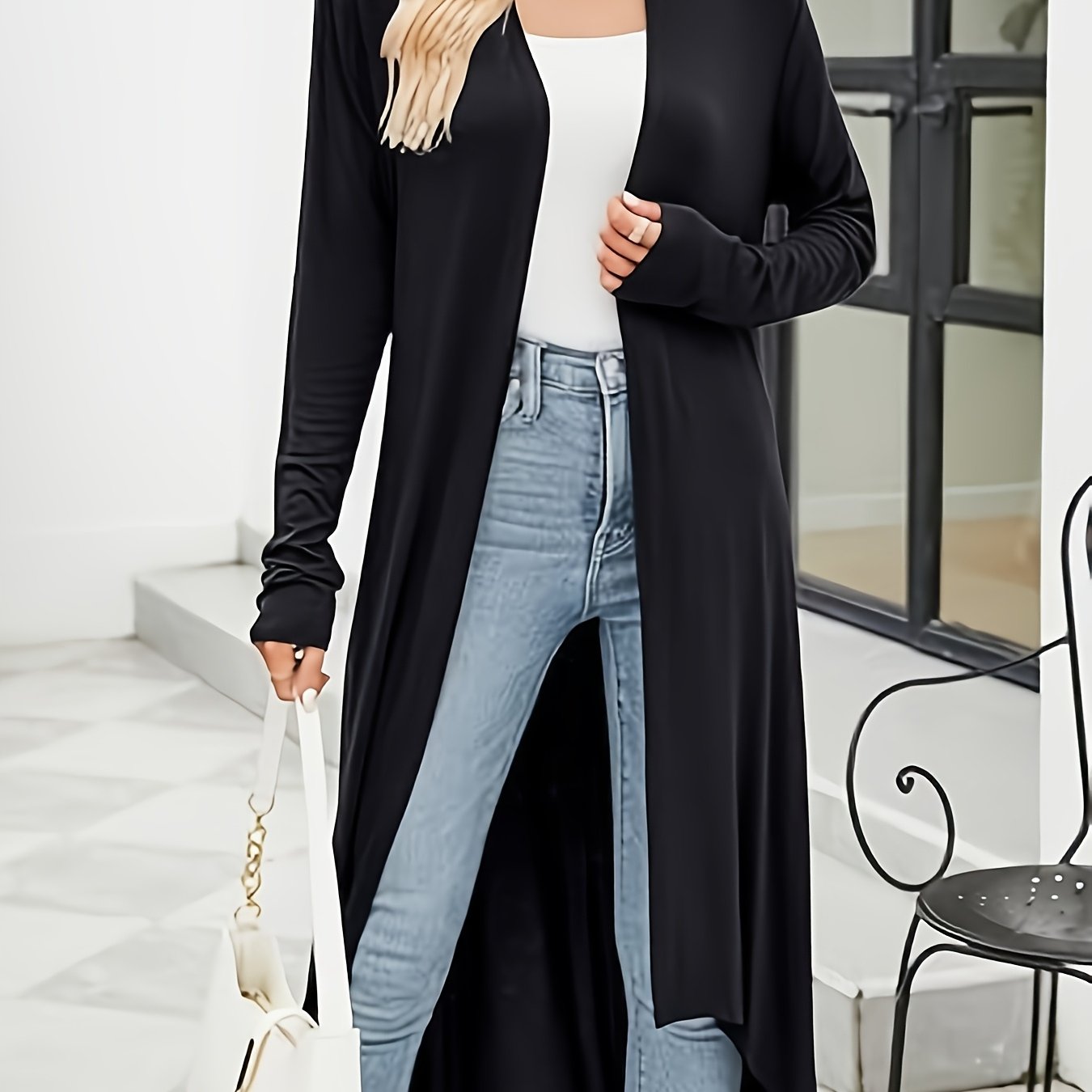 TEMU Women's Casual Long Open-front Draped Lightweight Duster High-low Hem Long Sleeve Cardigan