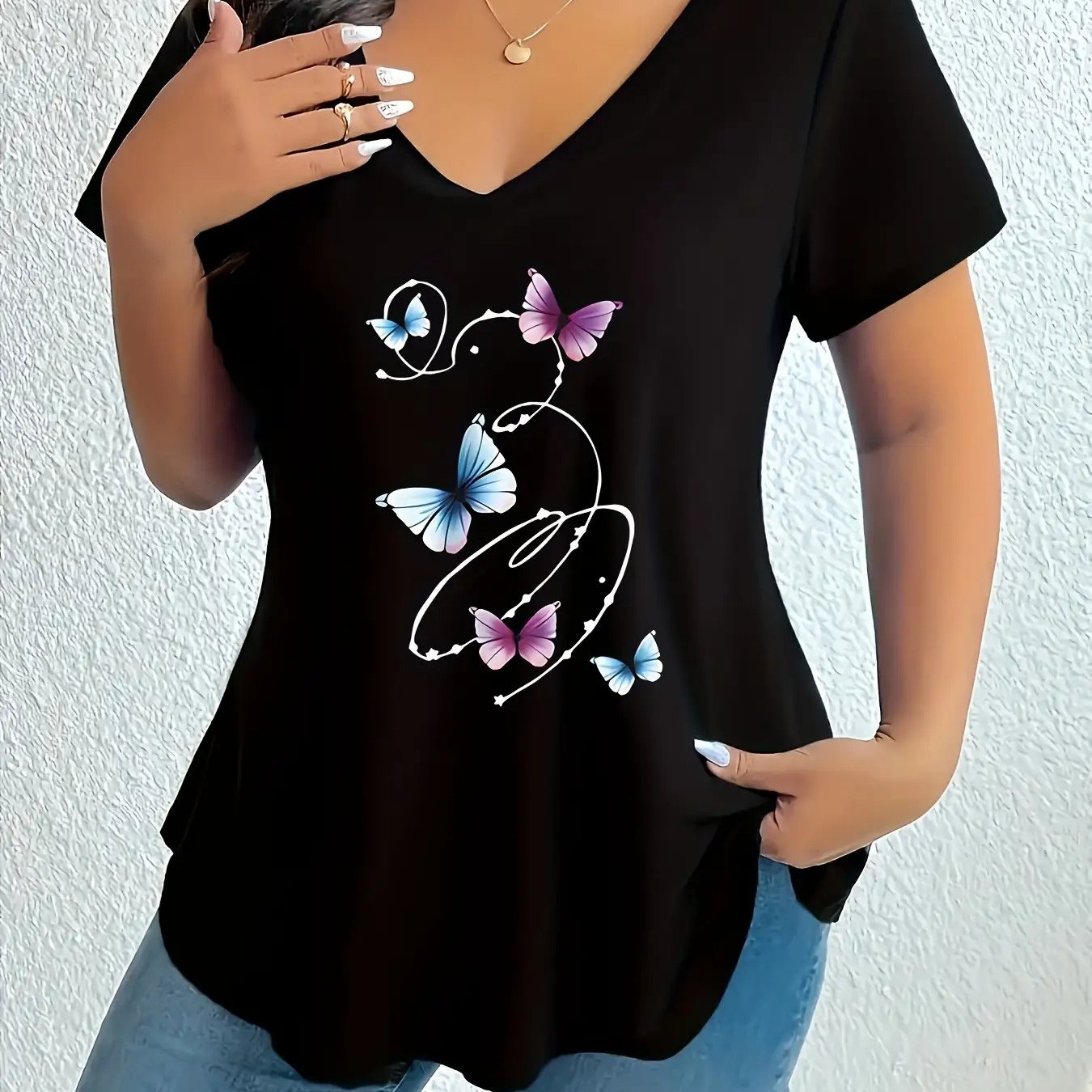 TEMU Elegant Short-sleeve V-neck T-shirt For Plus-size Women, Perfect For Spring And Summer, Featuring A Comfortable Loose Fit And Micro-elastic