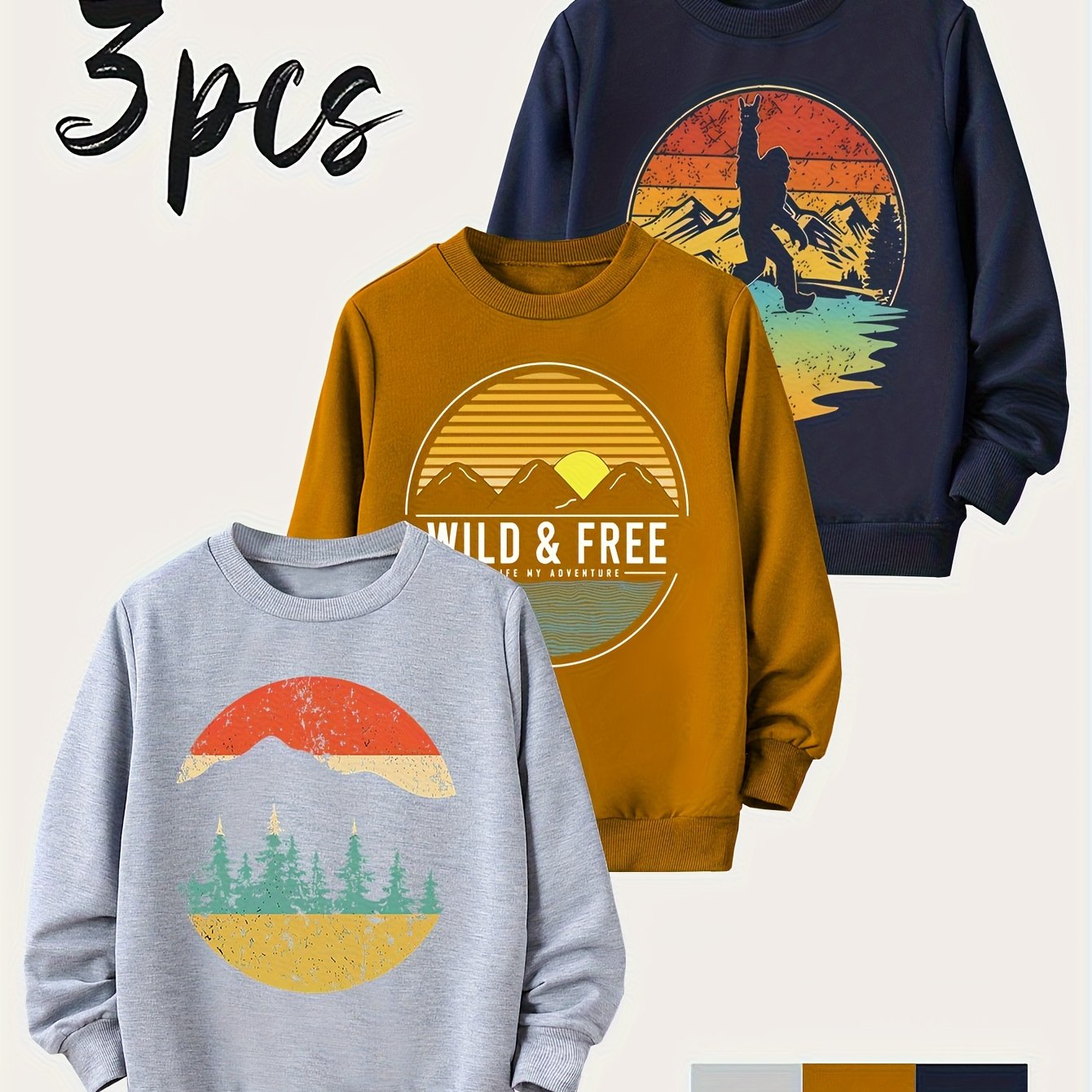 E-shop 3er-Pack Jungen Frühling Herbst Langarm Rundhals "Sonnenuntergang, Berg, Gorilla" Print Sweatshirts