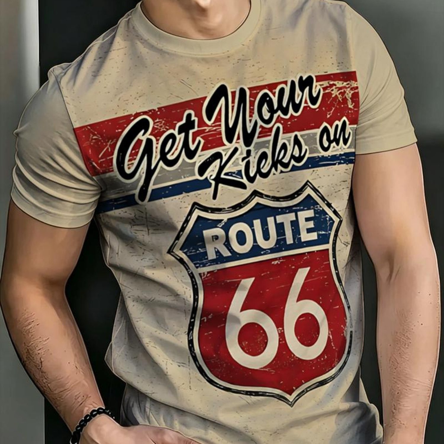 TEMU Full-print Vintage Distressed , Curved Handwritten Slogan With Classic Background, Short-distance Road Trip Short Sleeve