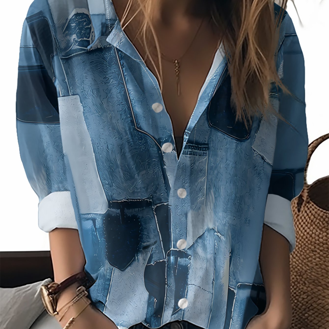 TEMU This New Women's Long-sleeve Shirt Features A Color Scheme Of Blue, White, And Black, Of Geometric Blocks Abstract Style. The Versatile For