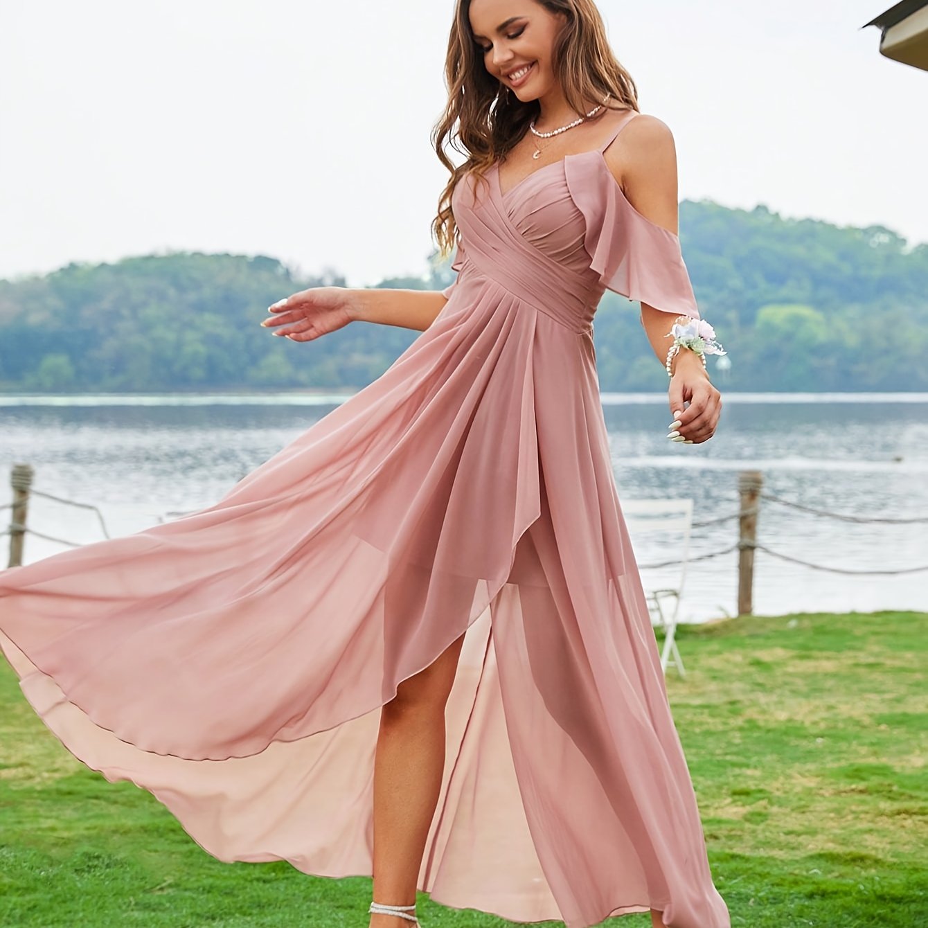 Elegant Off-shoulder Ruched Slit Cami Bridesmaid Dress