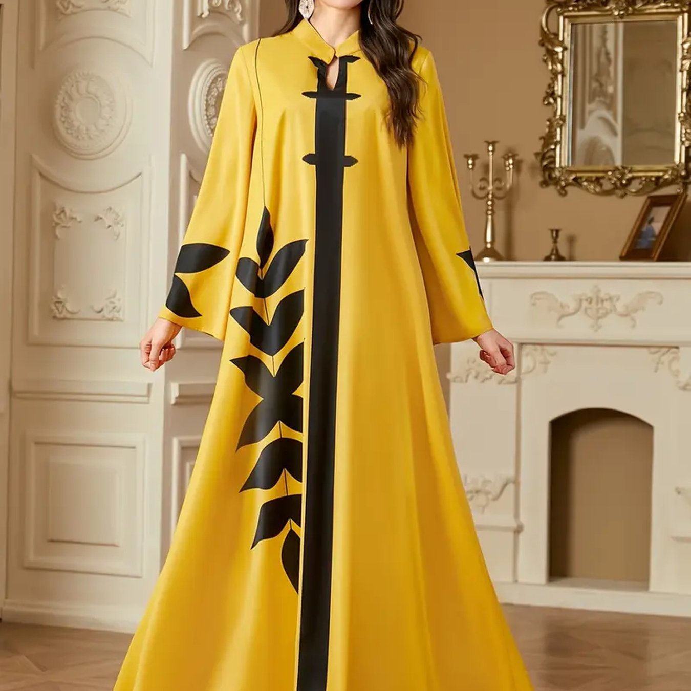 TEMU Elegant Tribal Print Long Sleeve Maxi Dress, 100%, Non-stretch Fabric, Regular Sleeve, All Season, , 120g/mÂ² - Versatile And Stylish