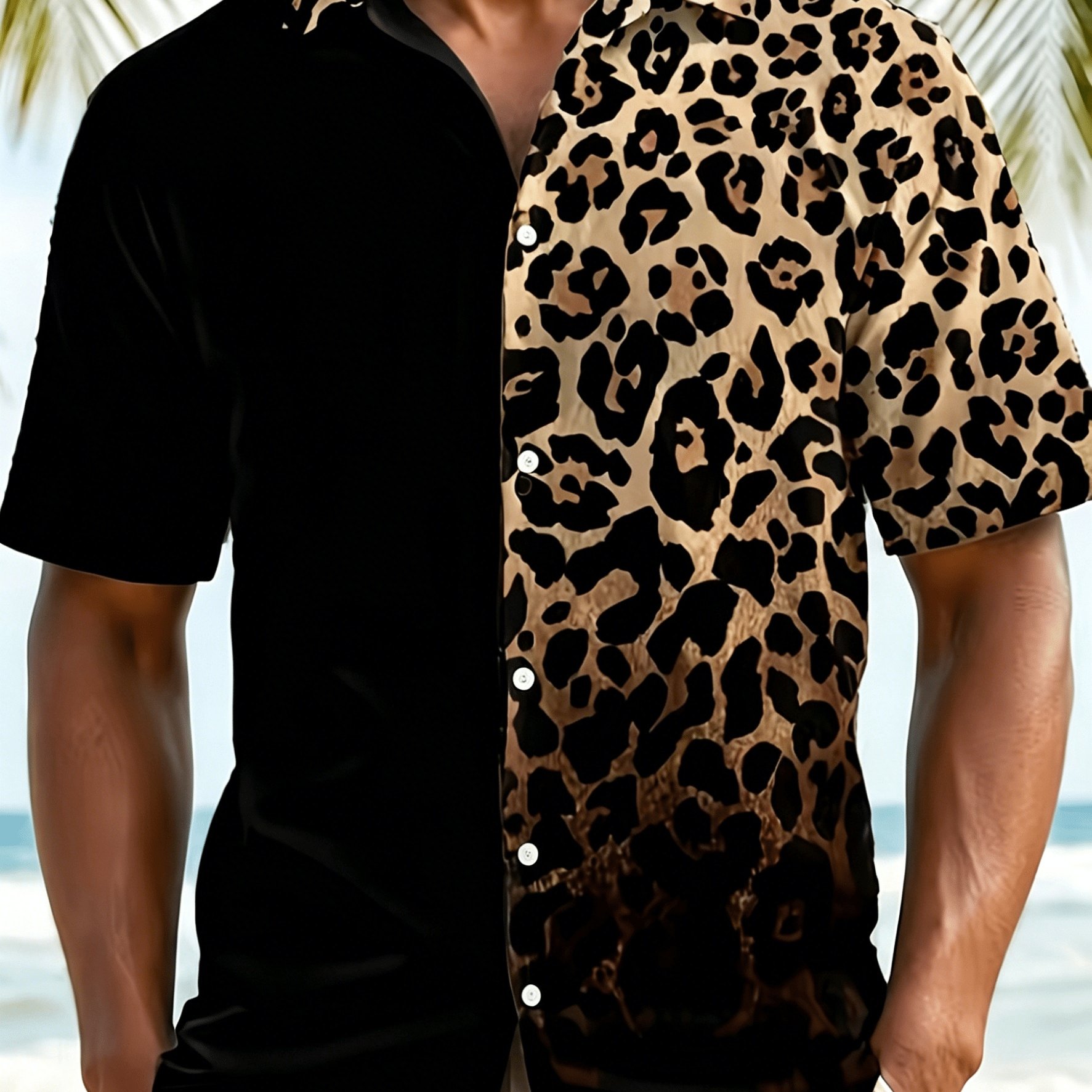 TEMU Men's Cool Leopard Short Sleeved Shirt, Comfortable And Slim Fit Nightclub Style Shirt