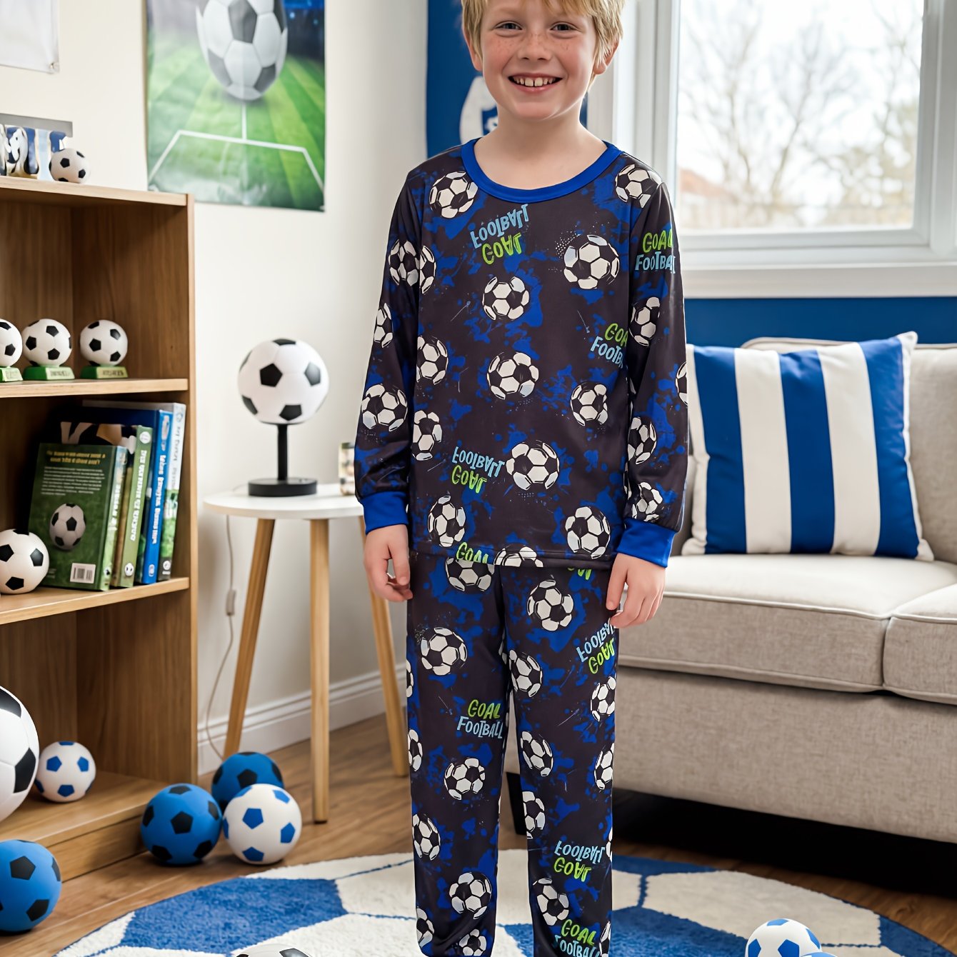 Image of 2pcs Set, Football Letter Element Full Print Long Sleeve And Pants Ankle-cinching Pajama Set, Football Element Pattern, , Comfortable Fabric, Suitable For Sleepwear