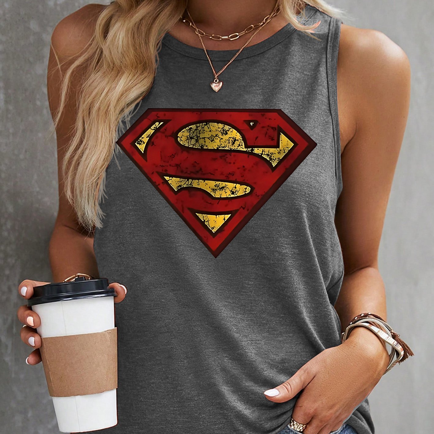TEMU Women's Elegant Tank Top With Superman Vintage Logo Print, Soft Stretchy Round Neck Casual Vintage Style Top, Warner ., Suitable For Daily And