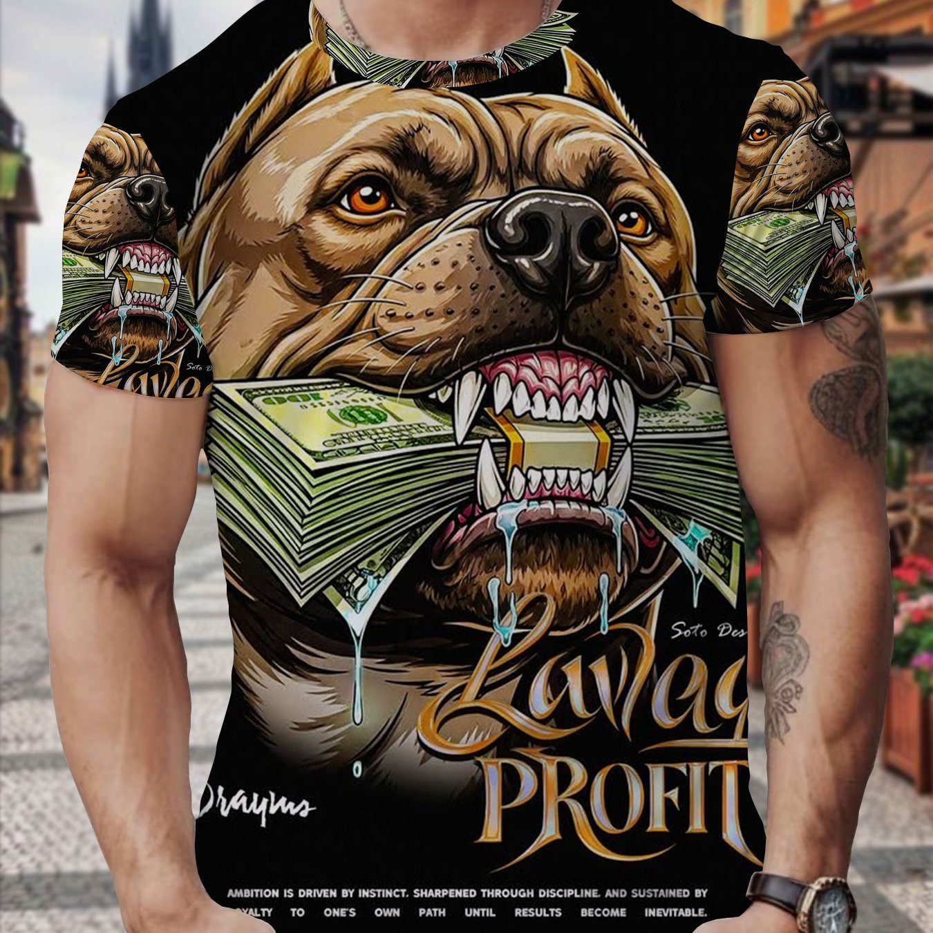 TEMU Men's 3d Polyester Crew Neck T-shirt, Bulldog Holding Stack Of Dollars Graphic Print, Streetwear Style Short Sleeve Tee, Breathable And