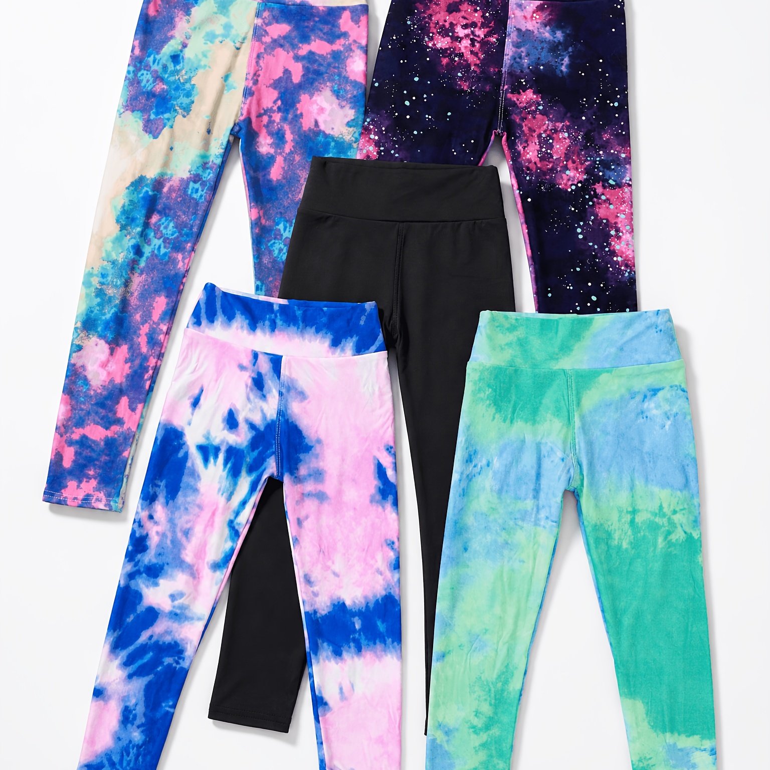 Image of 5-pc Tie-dye Print Girls' High-waist Ankle Pants, Mid To Big Kids Teen Girls Back-to- Versatile Stretch Leggings