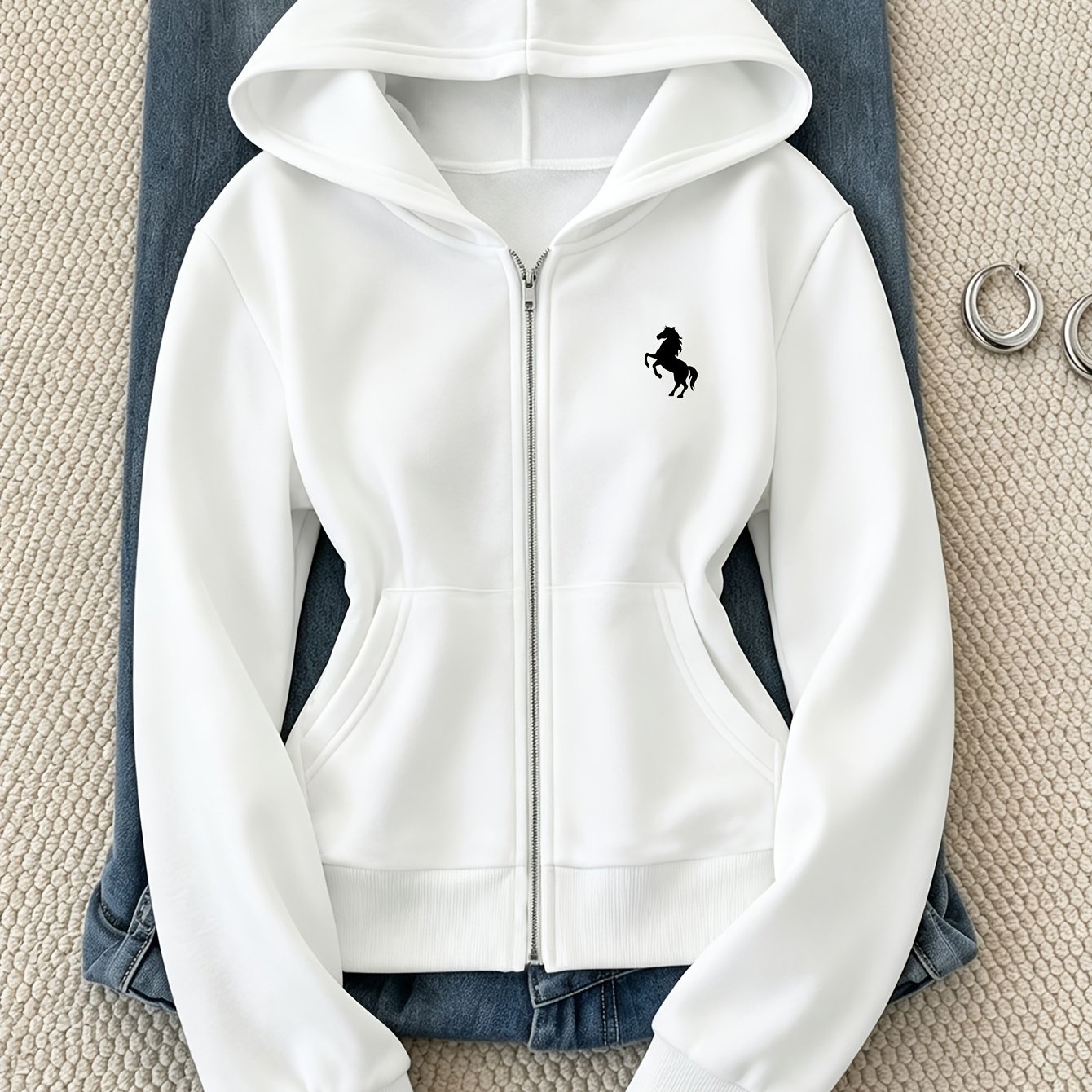 TEMU Autumn/winter Zip-up Long Sleeve Hooded Sweatshirt Jacket, Fashionable And Trendy With A Simple Pony Print Pattern, Loose Fit Zip-up Casual Top,