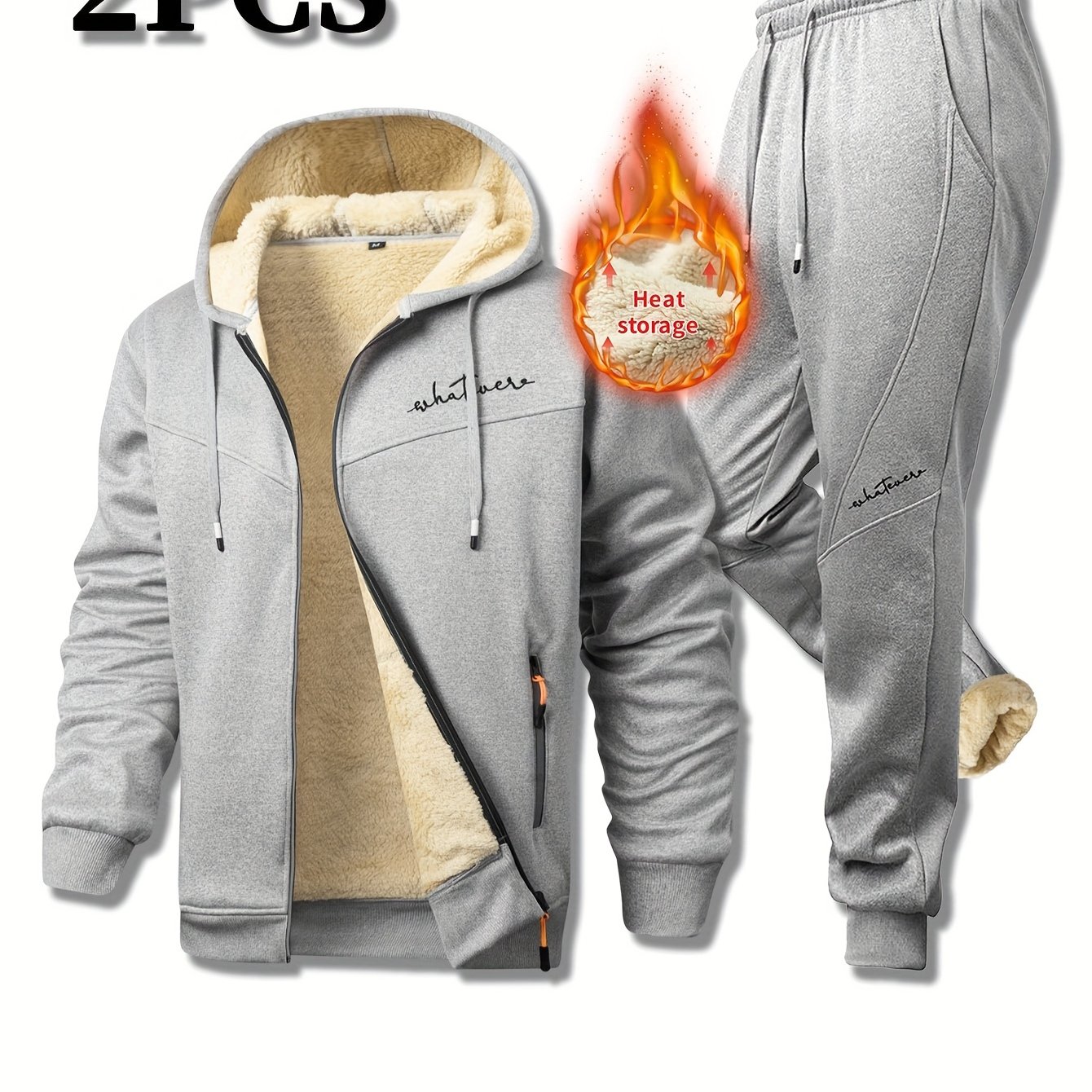 TEMU 2pcs Set Hooded Sweatshirt And Jogger Pants Outfit, Men's Winter Fleece Set: Zip-up Thick Sherpa-lined Jacket And Pants, Thermal , Zippered