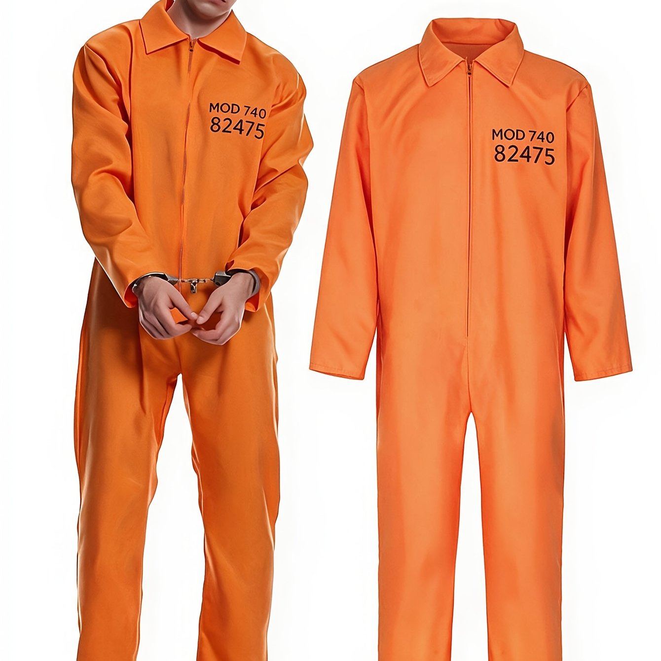 TEMU Halloween 1pc Orange Prisoner Outfit For Men, Lapel Bodysuit With Front Zipper And Black Font Print, Carnival Party Fun Holiday Costume
