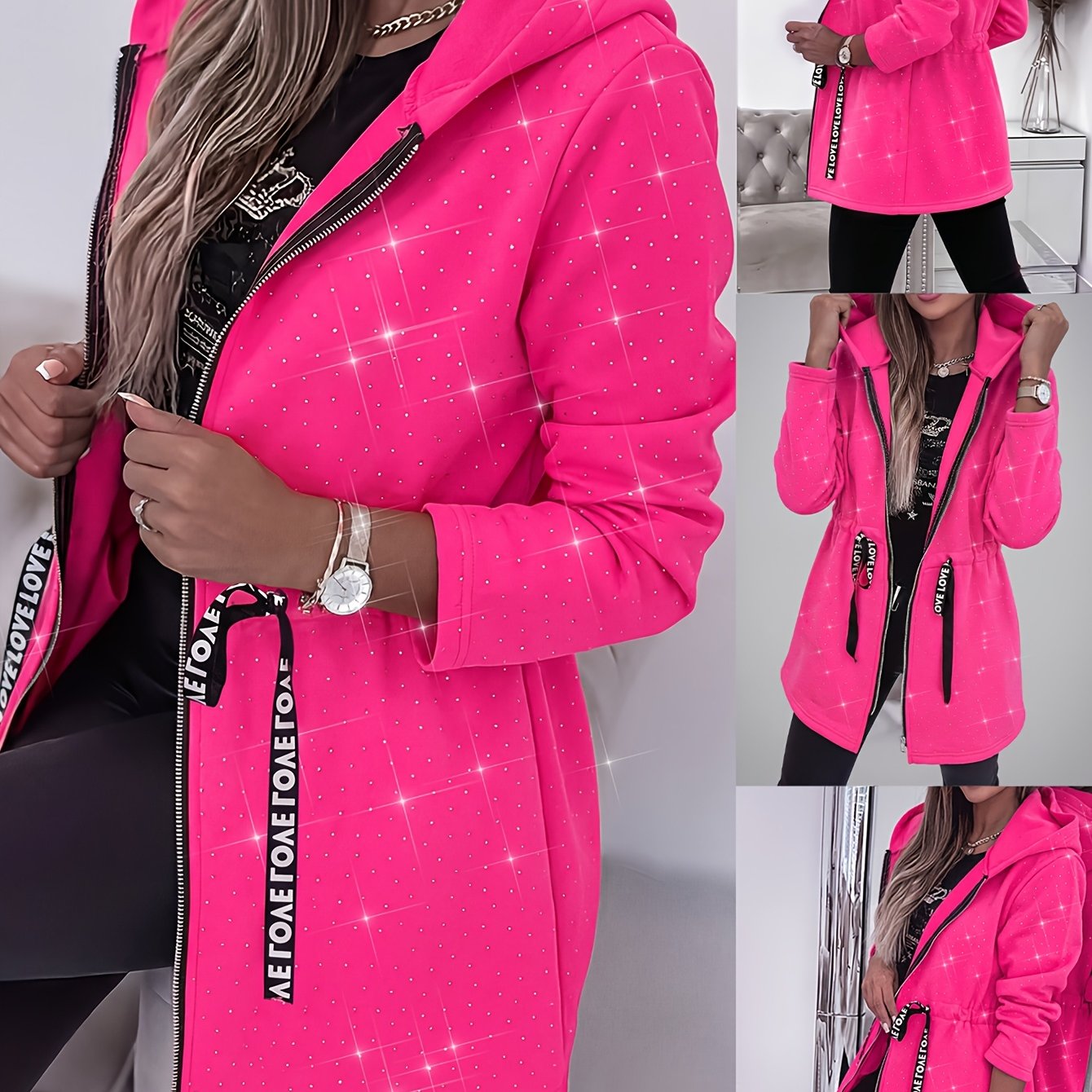 TEMU Women's Fashion Shiny Rhinestone Hooded "love" Letter Print Drawstring Waist Tie Sweatshirt Fabric Jacket, Full-zip Waist-cinching Sweatshirt
