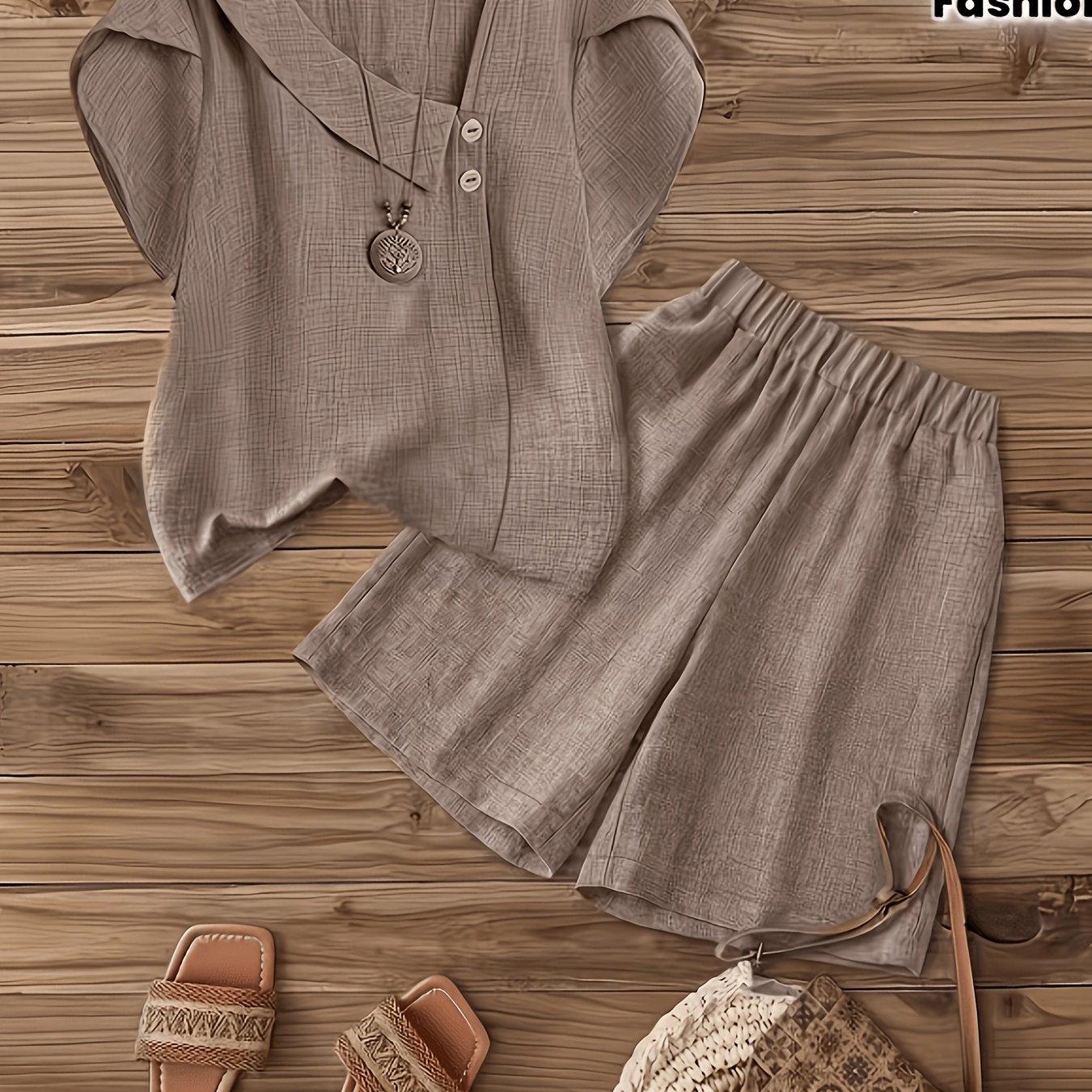 TEMU Dlh010 2026 Women's New Arrival Casual Set, Fashionable Solid Color Asymmetrical Neckline Petal Sleeve Shirt + Elastic Waist Shorts Set, 2pcs