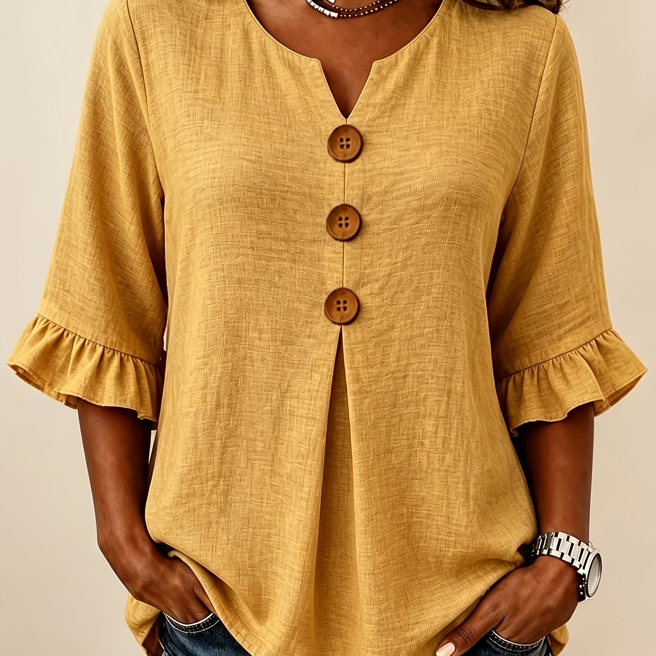TEMU Plus Size, Women's Plus Size Solid Color V-neck Ruffle Half Sleeve Shirt, Flattering And, Breathable Fabric, Versatile Commuter Top