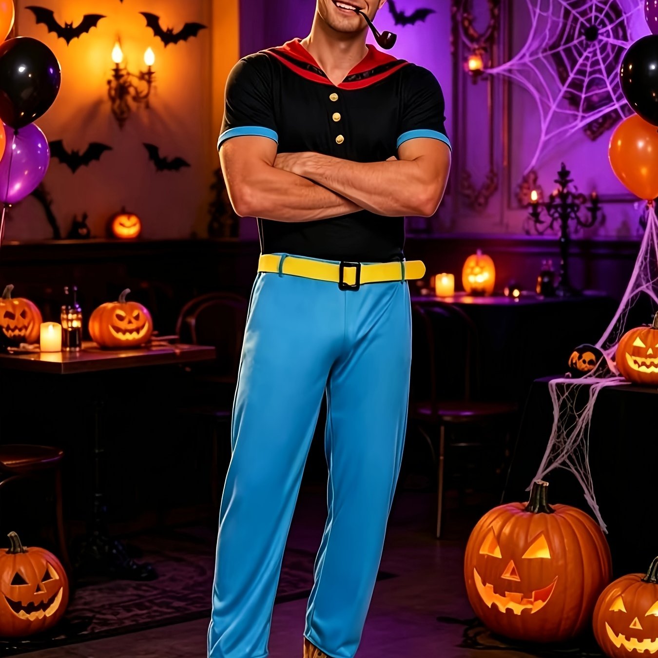 TEMU Sailor Adult Men's Costume Role-play Outfit [shirt, Pants, Belt, Sailor Hat] Blue Men's Set For Halloween, Carnival, Sailor-themed Party,