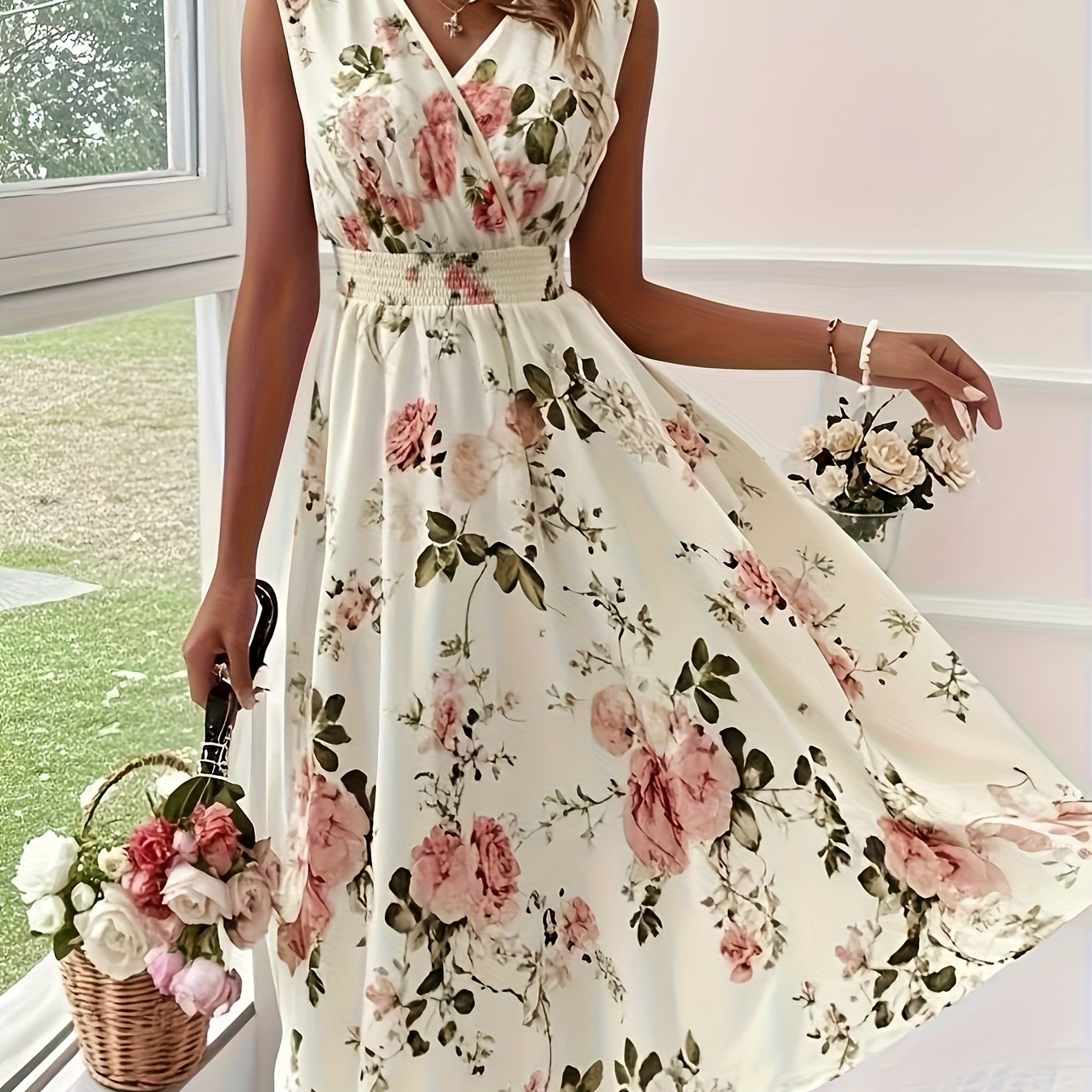 E-shop Elegantes Damen-Midi-Kleid mit Blumenmuster - V-Ausschnitt, ärmellos, A-Linie, Taillenbindung, figurbetont, lebendiges Rot grüne Blätter, für