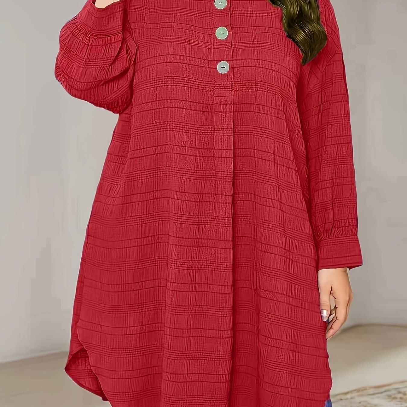 TEMU Chemise décontractée grande taille, couleur unie, à boutonnage, col rond et manches longues
