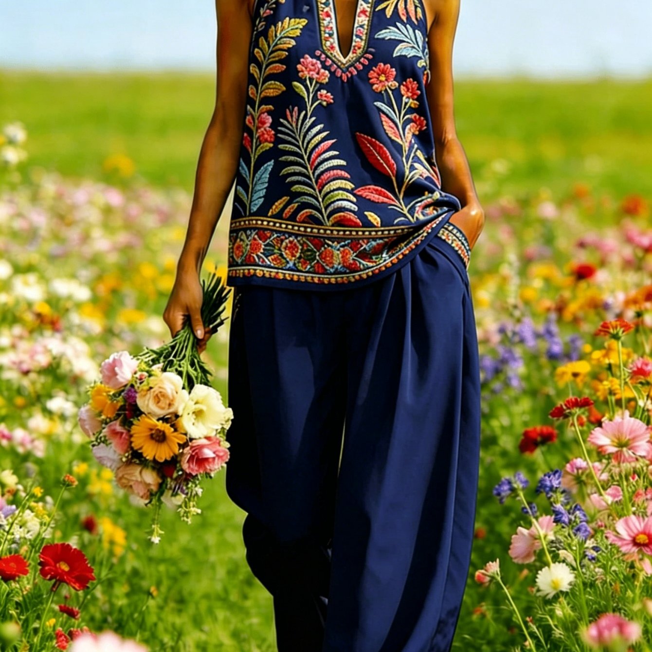 Image of Women's Elegant 2pcs Set: Spring And Summer Neck V-neck Sleeveless Top, And Wide Leg Pants 2pcs Set, Bohemian Pattern Printing, Machine Washable, Vintage Vacation Wedding Set, Bohemian Casual Set