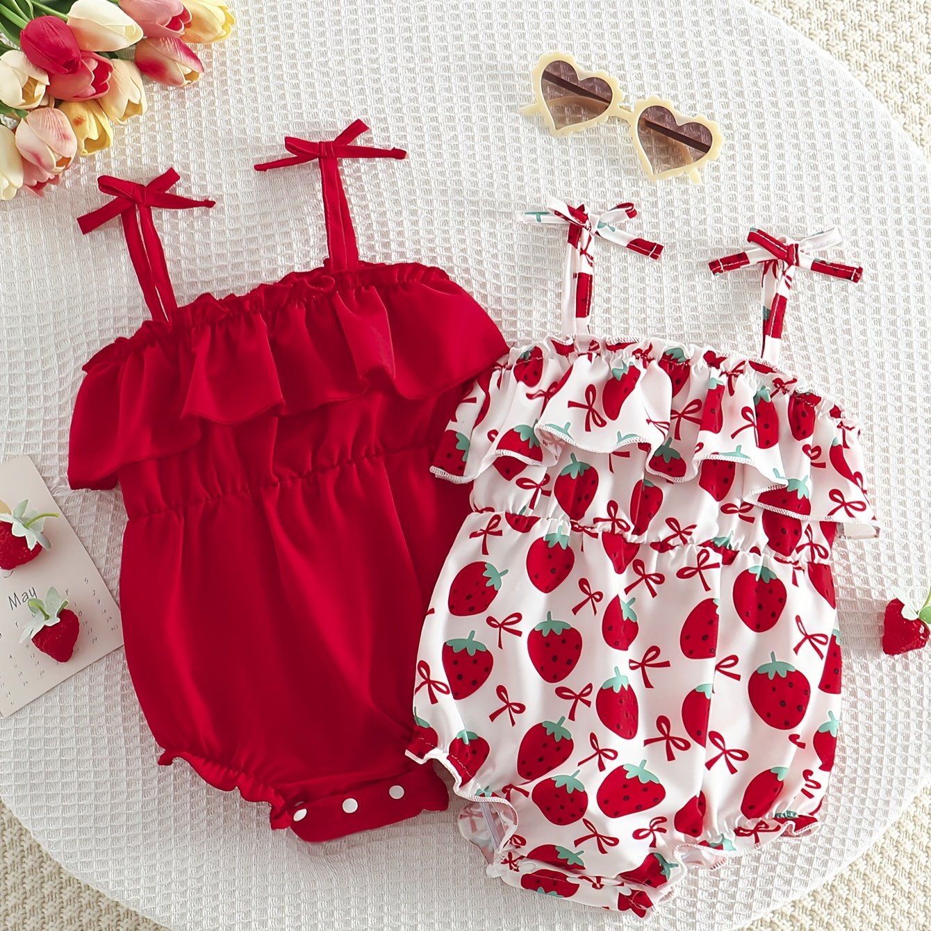 Image of Triangle Bodysuit With Strawberry Print 2pcs Set, Perfect For Outdoor