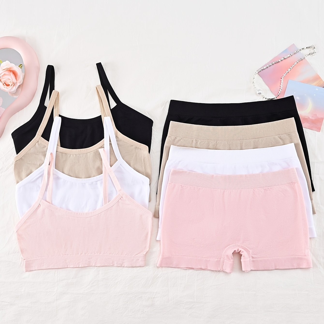 Image of A Seamless 8pcs Set Featuring A Cute And For Girls, Including A Tank Top And Boyshorts, Perfect For Comfortable And Breathable Wear For Students And Teenagers