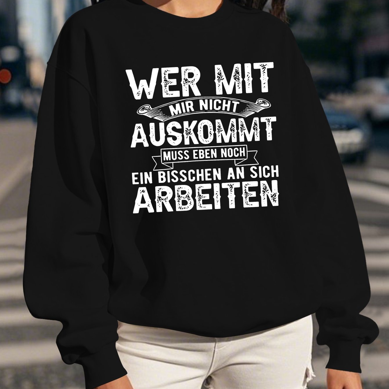TEMU Women's German Quote Crew Neck Sweatshirt - Humorous Slogan, Non-stretch Fabric, Casual Fall/winter Wear, Red With Black Text, Relaxed Fit For