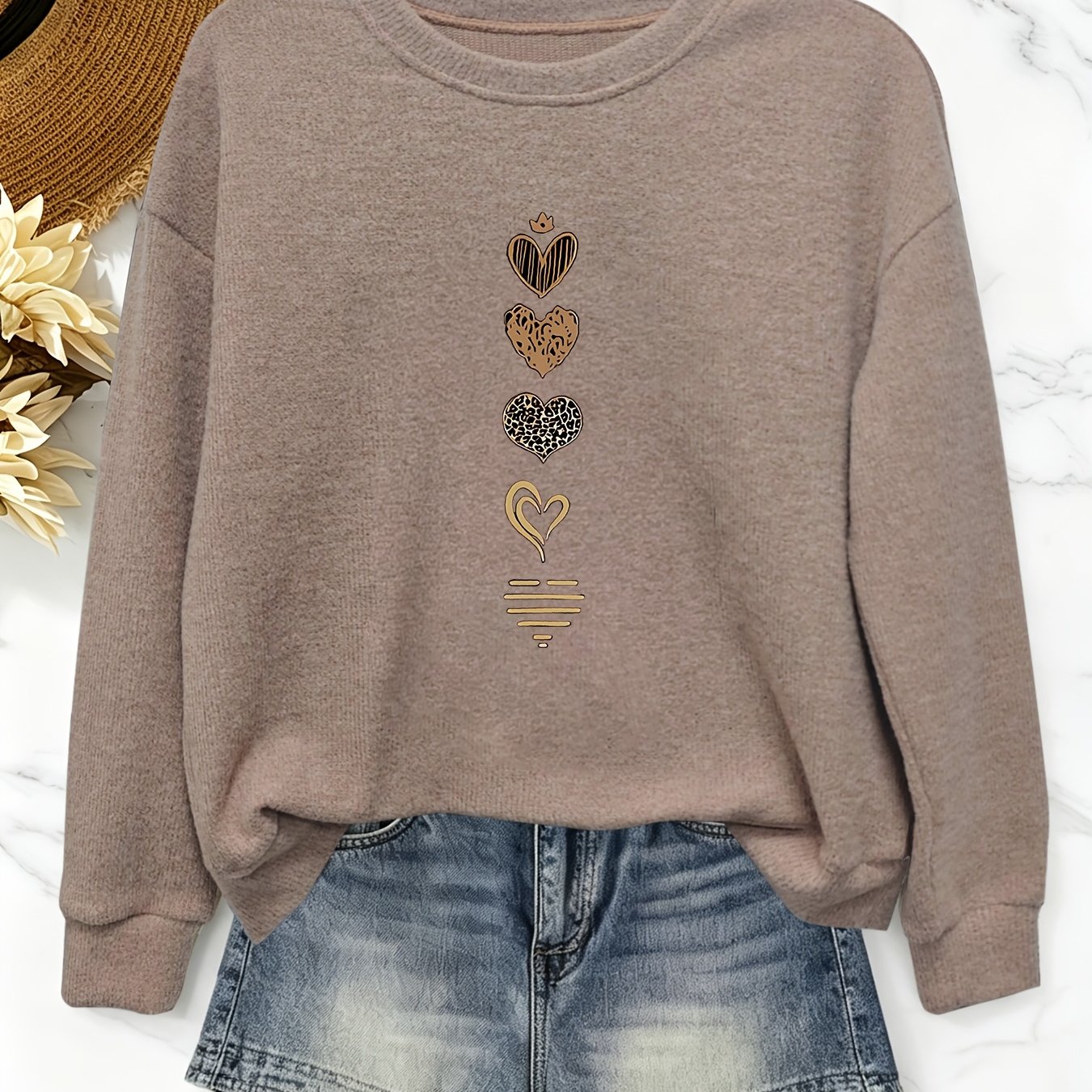 TEMU Women's Loose Fit Heart Print Round Neck Sweatshirt Casual Long Sleeve Basic Pullover Top