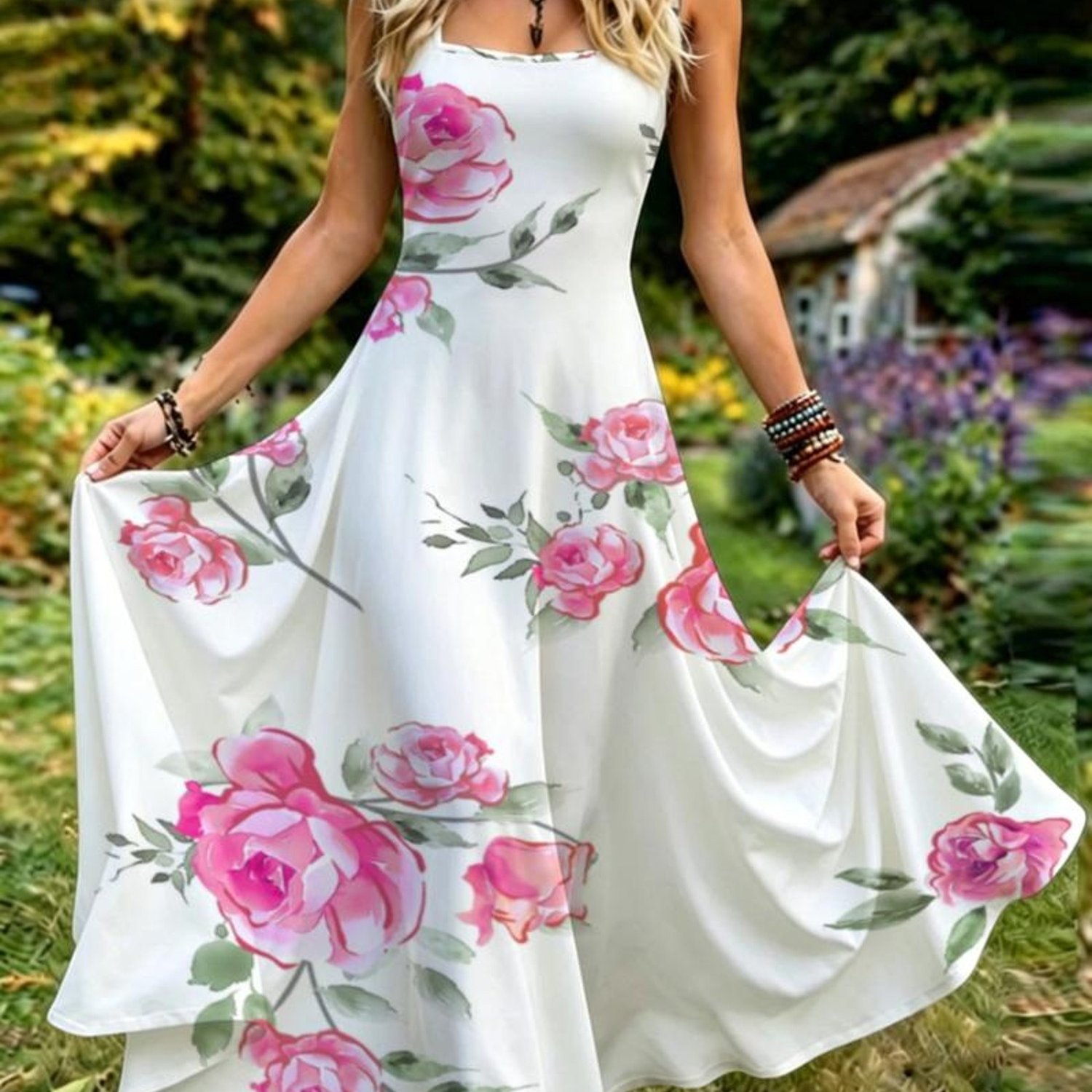 Image of Plus Size, Plus Size Women's Dress, Multiple Specifications , Mixed Color, Watercolor Pink Rose & Green Leaf Pattern, , Suitable For Daily Wear & Parties, High-quality Fabric For