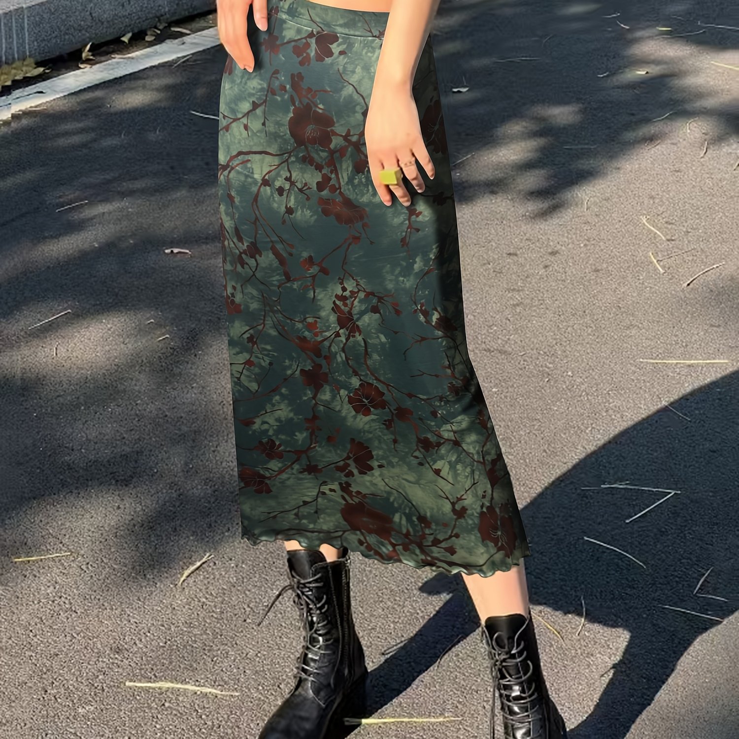 Vintage Floral Midi Skirt, Y2k, , Fashionable, Versatile