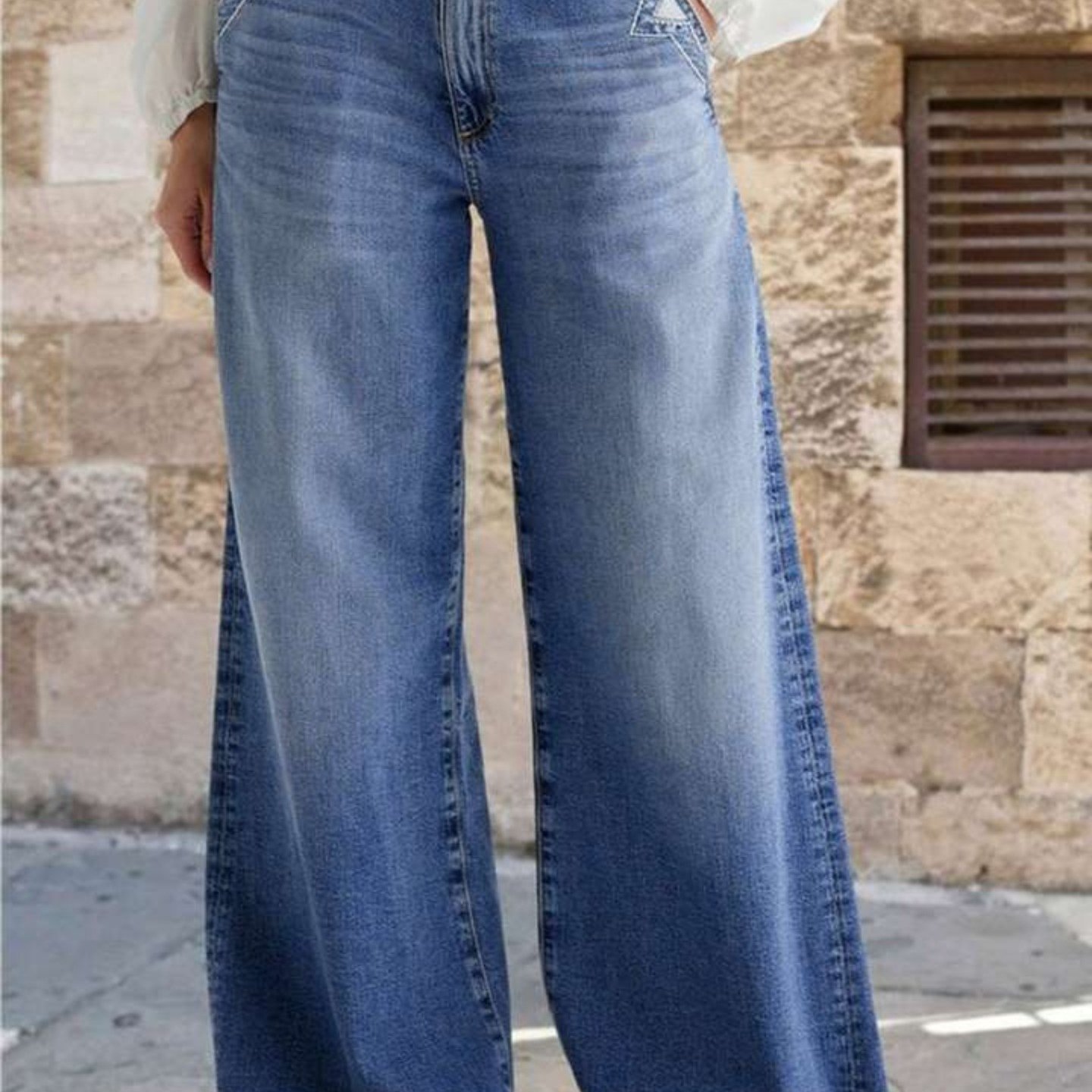 TEMU 1pc Women's Mid - Waist Wide Leg Jeans - Baggy Decor Denim Washed Pants Without Belt For Casual Outfits - Sizes S - Xxl