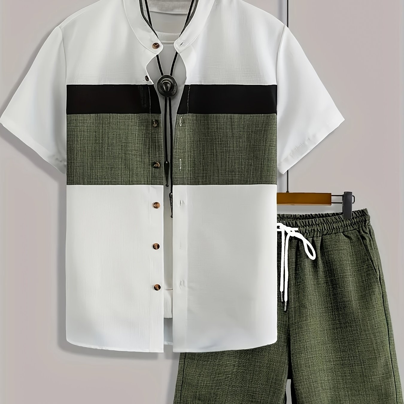 TEMU Men's Summer Set: Stand Collar Short Sleeve Color-block Button-up Shirt With Solid Color Drawstring Shorts 2pcs Set