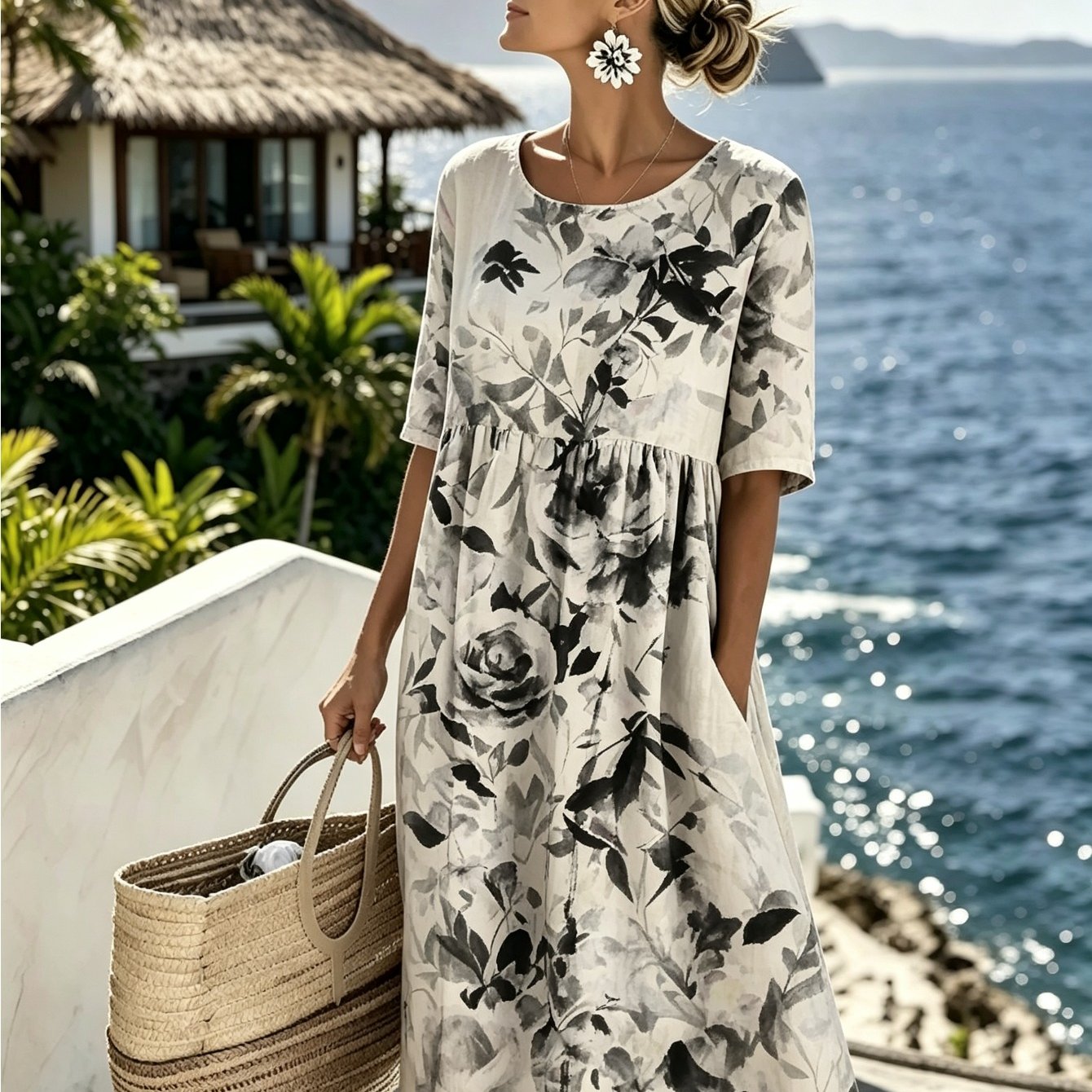 Women's Geometric Print Midi Dress - Round Neck Half Sleeve With Pockets, Casual Loose Fit Summer Dress For Vacation Beach Daily Wear