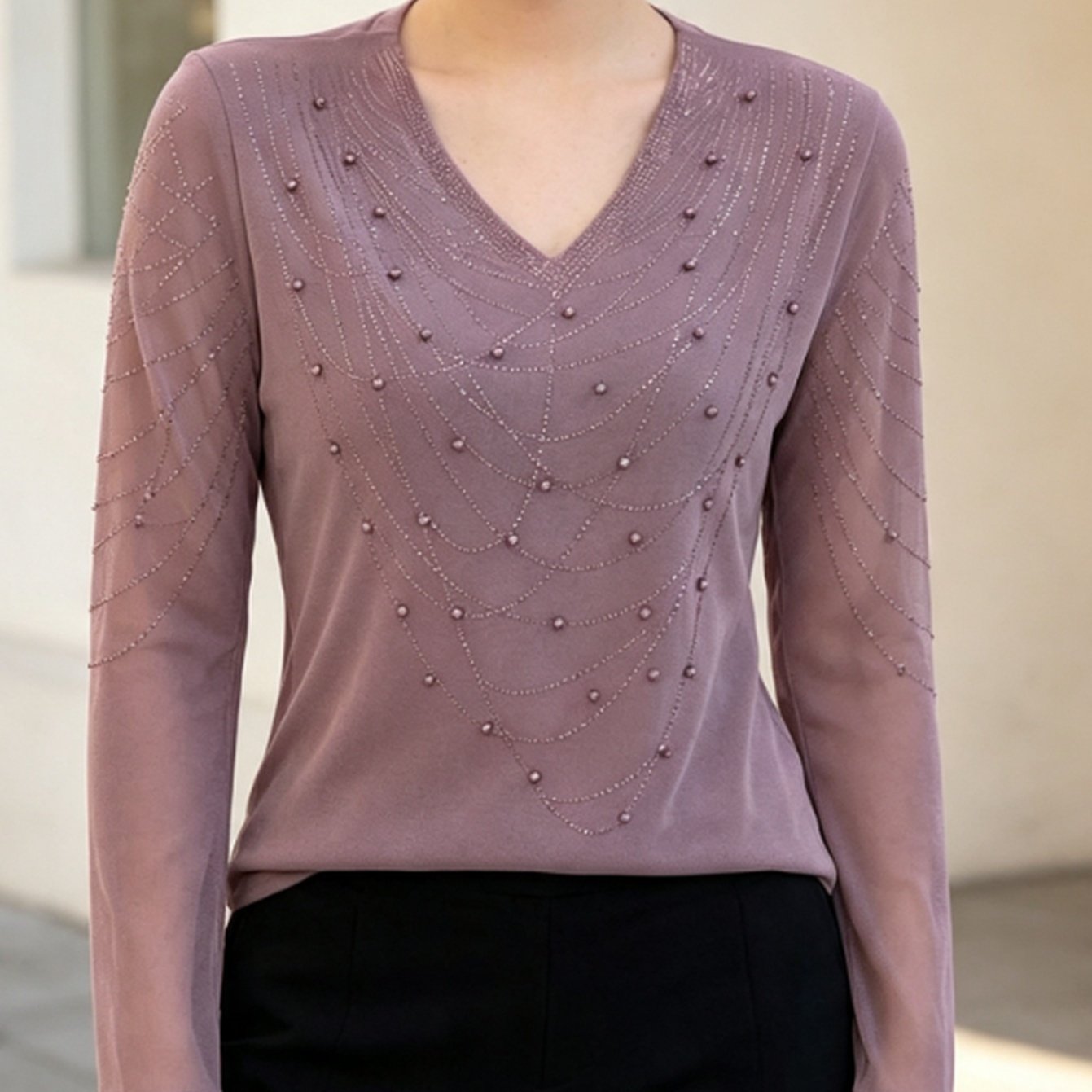 Image of Spring T-shirt For Women, Long Sleeve, Versatile Slim Fit, Golden And Silvery Wire Mesh Top, Inner Wear, Lace Pocket, Basic Shirt, Small Shirt