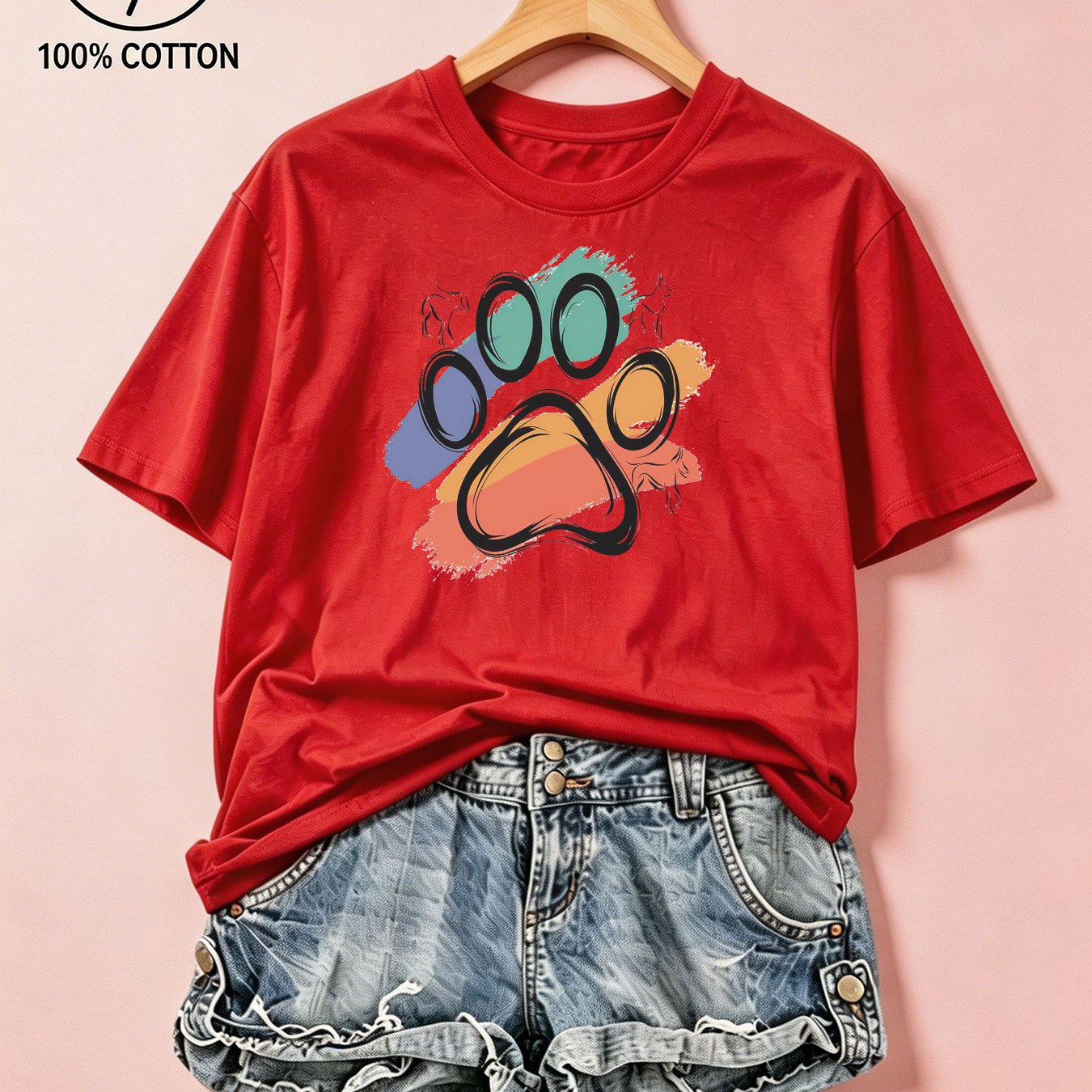 Image of 100% Colorful Paw Print Graphic Tee: Loose Fit Summer Casual For Women, And Style The Creative Gift Idea