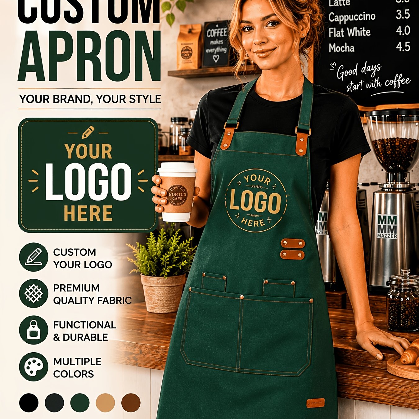 TEMU Customized 2pcs Set Of High-end Aprons With Logo Printing For Restaurants, Kitchens, Milk Tea, And Coffee Shops