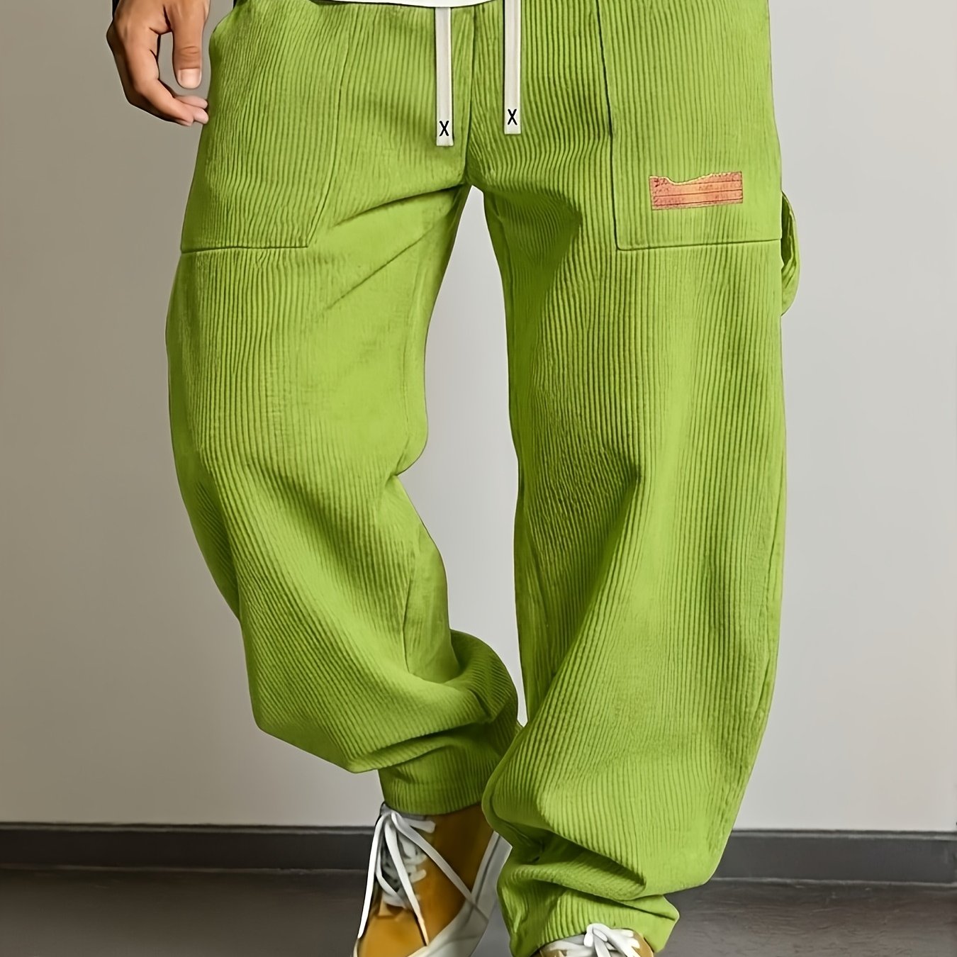 TEMU Pantalon en velours pour homme - Pantalon à jambes larges avec taille élastique à cordon de serrage et multi-poches | Velours de couleur unie